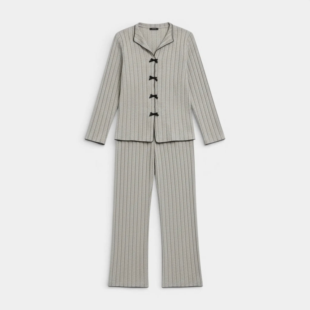 Ribbed Knit Button Front Pajama Set for Women - Cozy Sleepwear in Soft Fabric - Perfect for Relaxing and Lounging