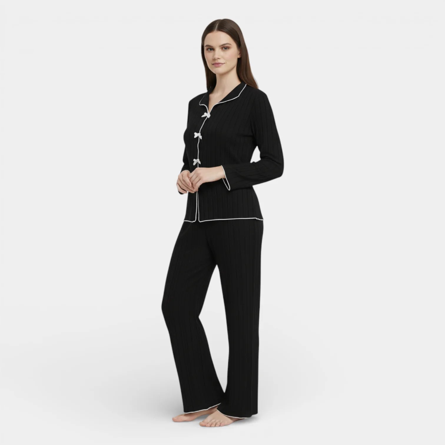 Ribbed Knit Button Front Pajama Set for Women - Cozy Sleepwear in Soft Fabric - Perfect for Relaxing and Lounging