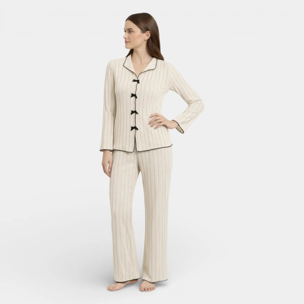Ribbed Knit Button Front Pajama Set for Women - Cozy Sleepwear in Soft Fabric - Perfect for Relaxing and Lounging