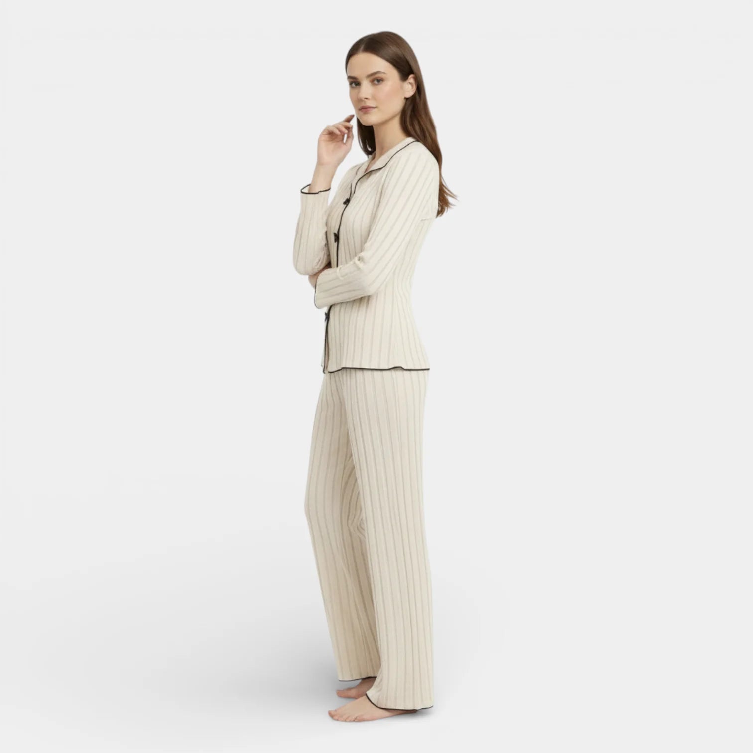 Ribbed Knit Button Front Pajama Set for Women - Cozy Sleepwear in Soft Fabric - Perfect for Relaxing and Lounging