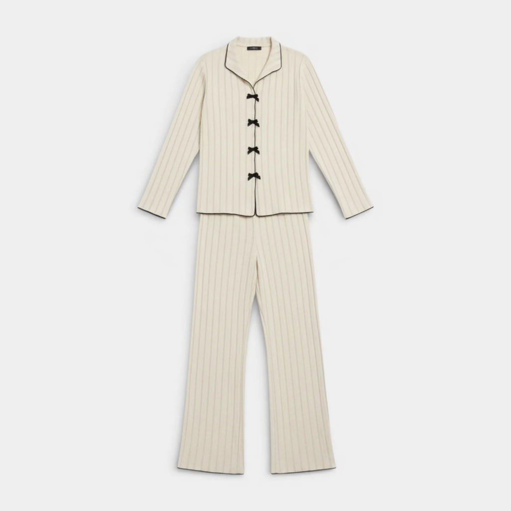 Ribbed Knit Button Front Pajama Set for Women - Cozy Sleepwear in Soft Fabric - Perfect for Relaxing and Lounging