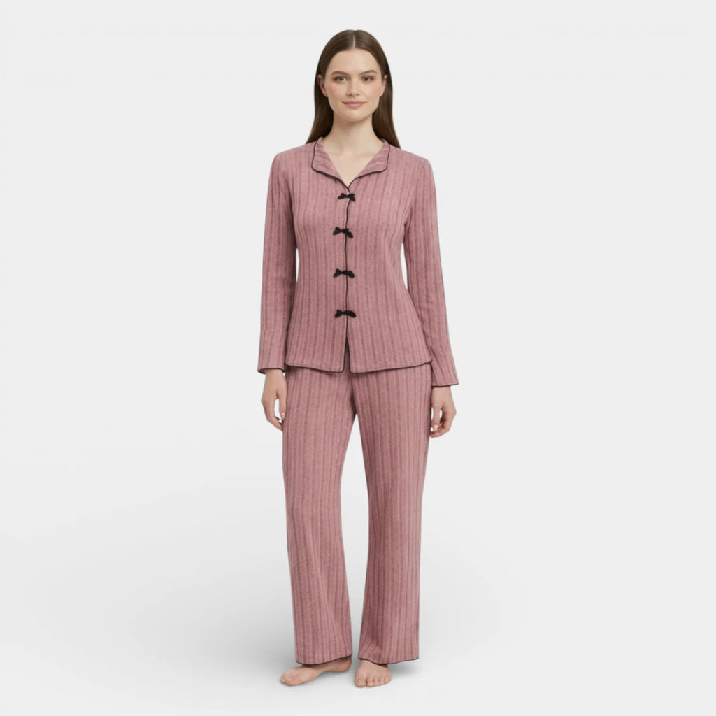 Ribbed Knit Button Front Pajama Set for Women - Cozy Sleepwear in Soft Fabric - Perfect for Relaxing and Lounging