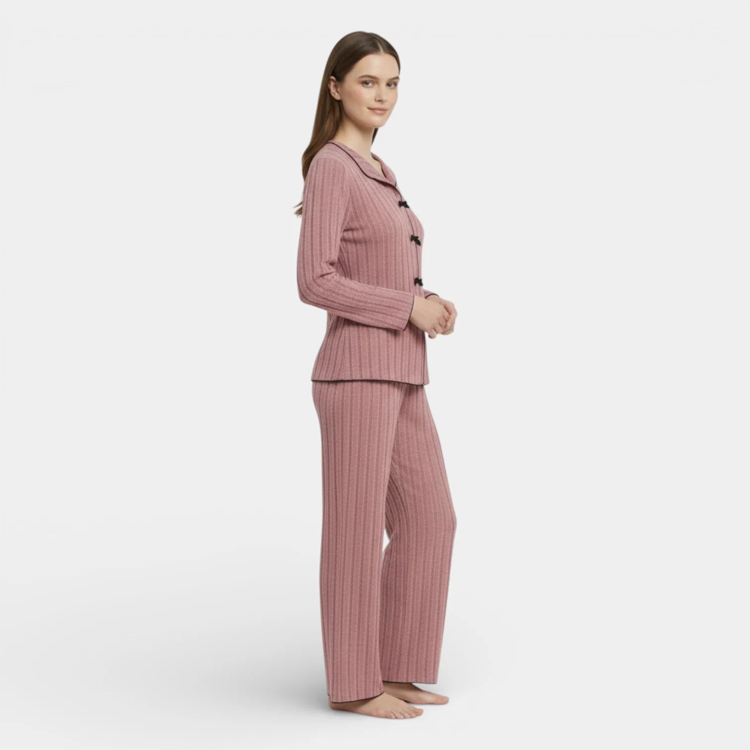 Ribbed Knit Button Front Pajama Set for Women - Cozy Sleepwear in Soft Fabric - Perfect for Relaxing and Lounging