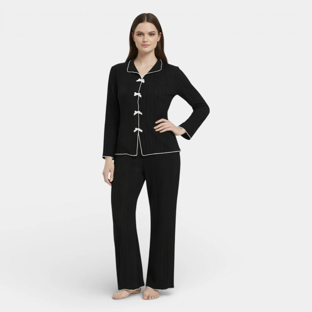 Ribbed Knit Button Front Pajama Set for Women - Cozy Sleepwear in Soft Fabric - Perfect for Relaxing and Lounging