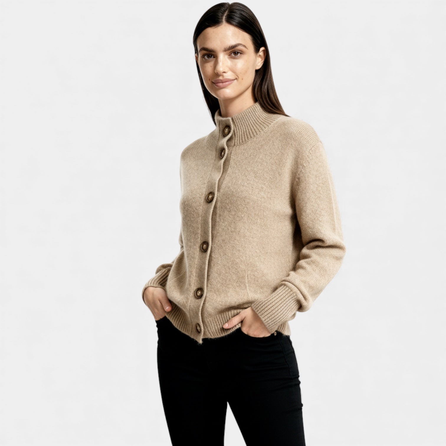 Ribbed Knit Cardigan for Women - Button Front Mock Neck - Cozy Layering Piece for Casual Wear