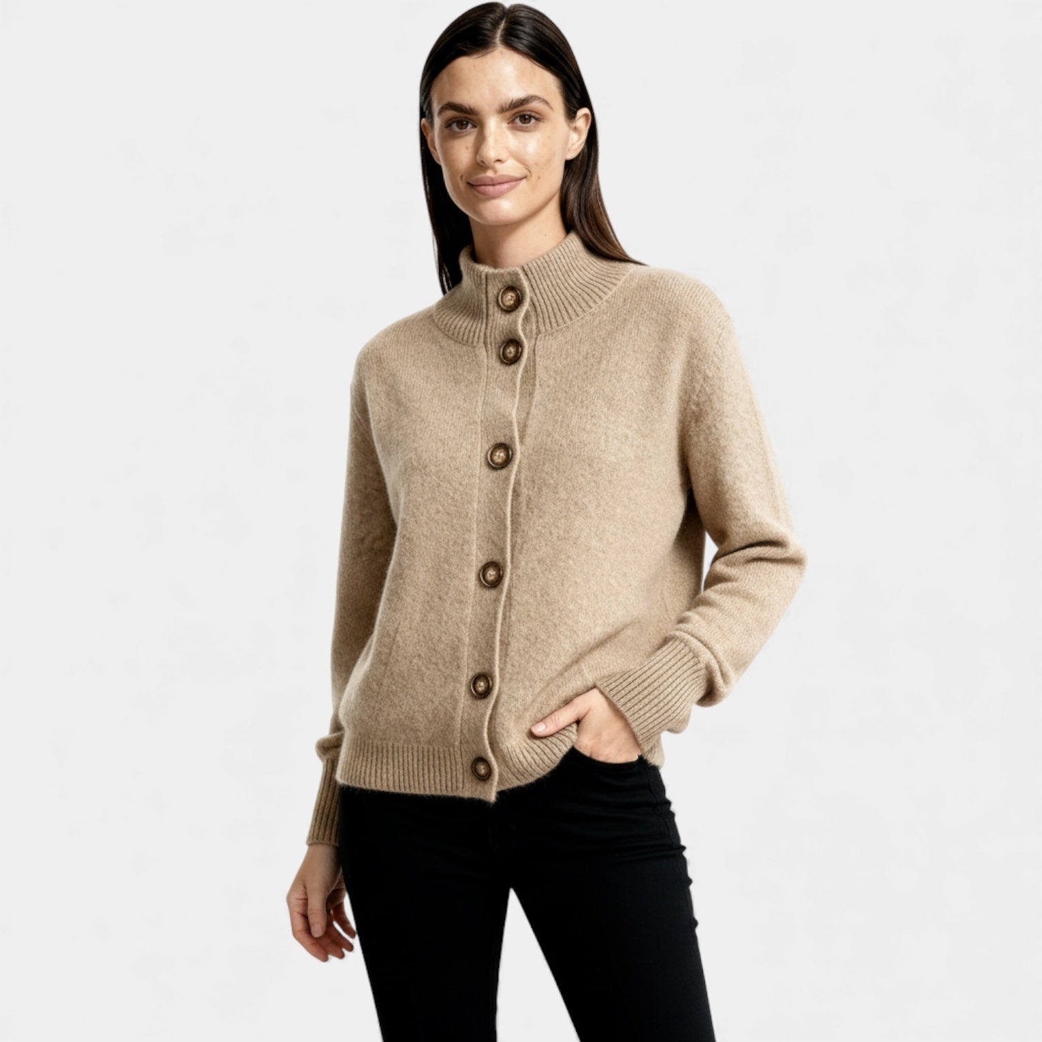 Ribbed Knit Cardigan for Women - Button Front Mock Neck - Cozy Layering Piece for Casual Wear