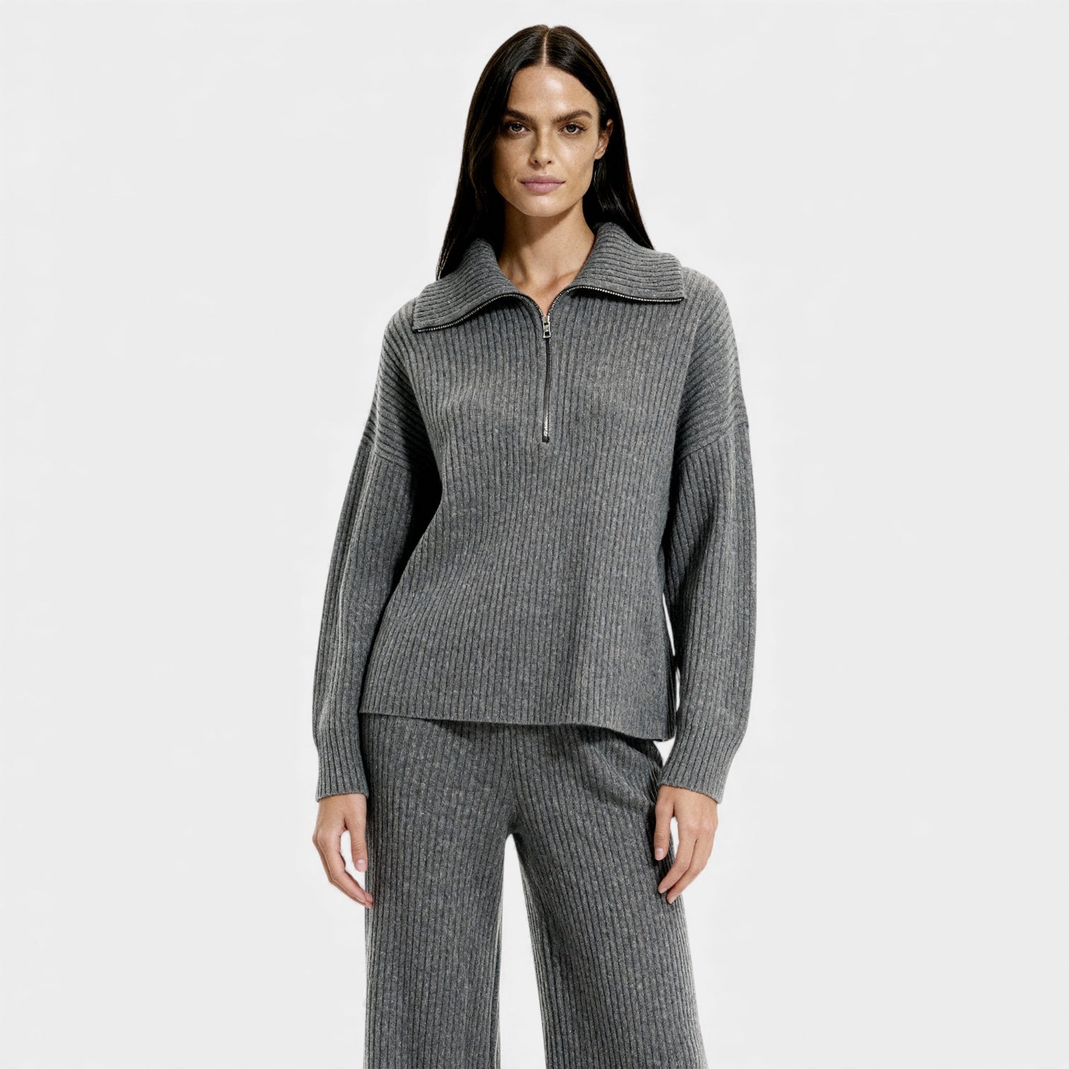 Ribbed Knit Lounge Set for Women – Half Zip Top & Wide Leg Trousers – Comfortable Casual Wear for Home or Relaxation