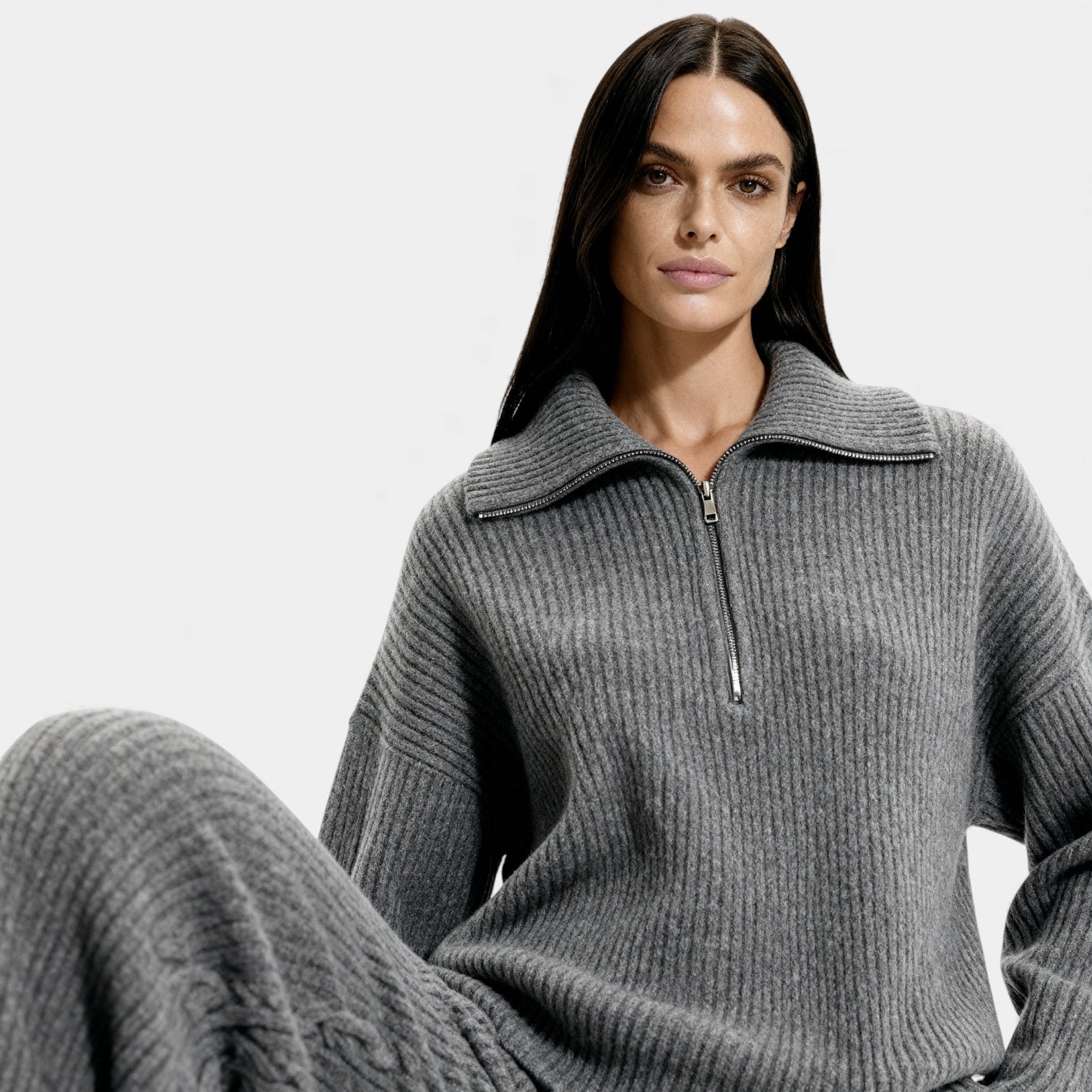 Ribbed Knit Lounge Set for Women – Half Zip Top & Wide Leg Trousers – Comfortable Casual Wear for Home or Relaxation