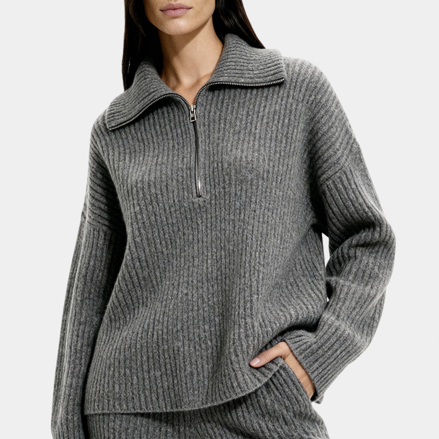 Ribbed Knit Lounge Set for Women – Half Zip Top & Wide Leg Trousers – Comfortable Casual Wear for Home or Relaxation