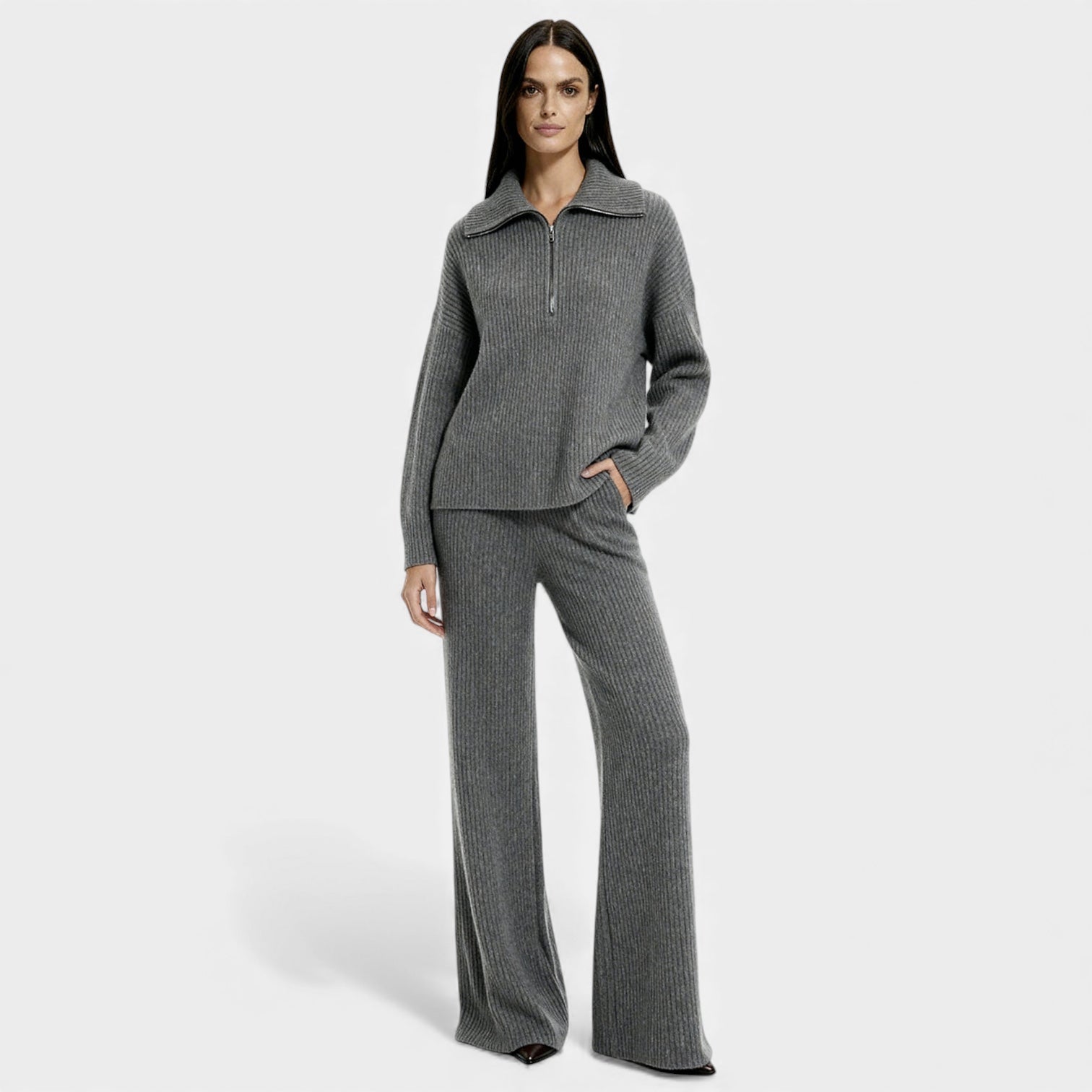 Ribbed Knit Lounge Set for Women – Half Zip Top & Wide Leg Trousers – Comfortable Casual Wear for Home or Relaxation