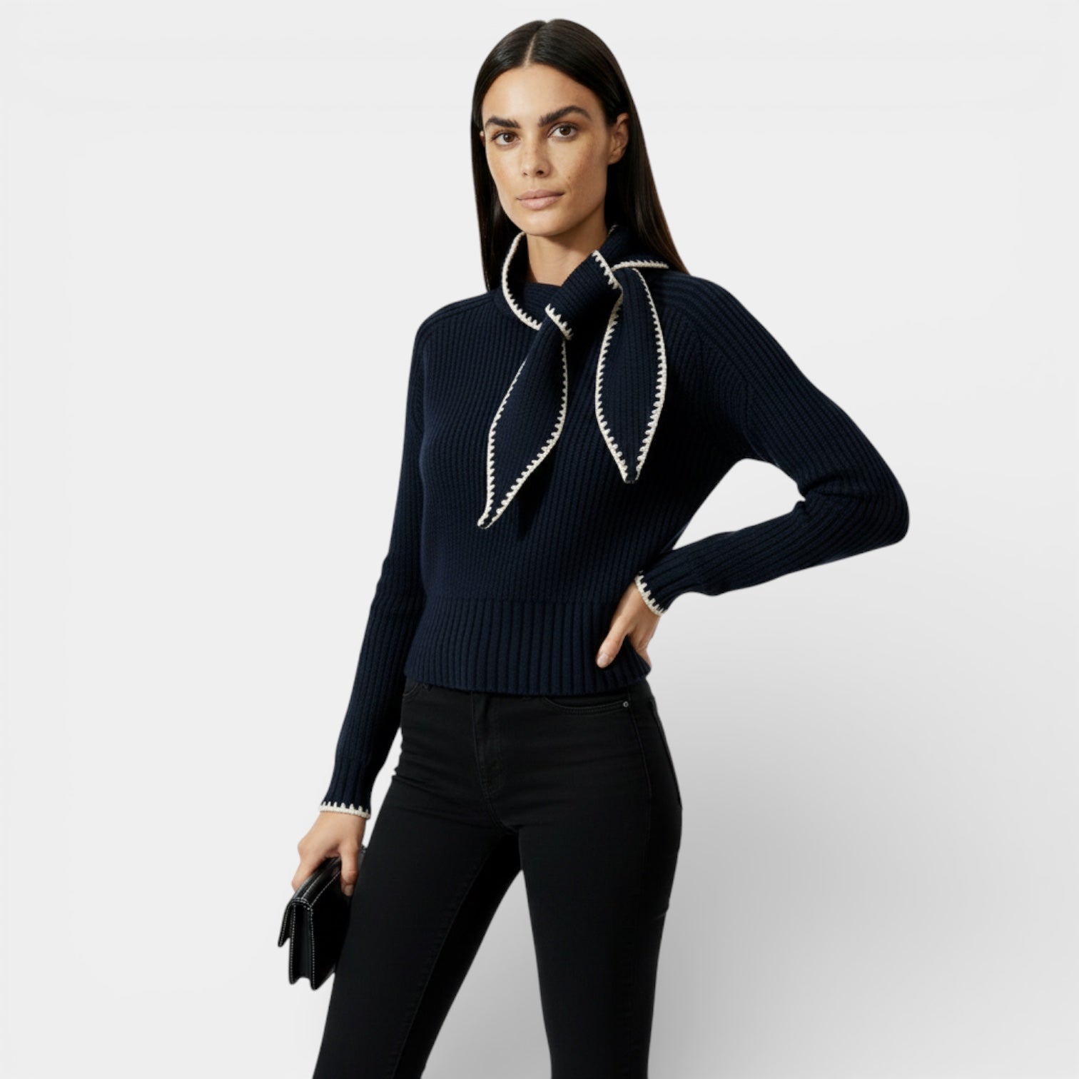 Ribbed Knit Sweater for Women with Tie-Neck Detail - Slim Fit Casual Top for Everyday Wear