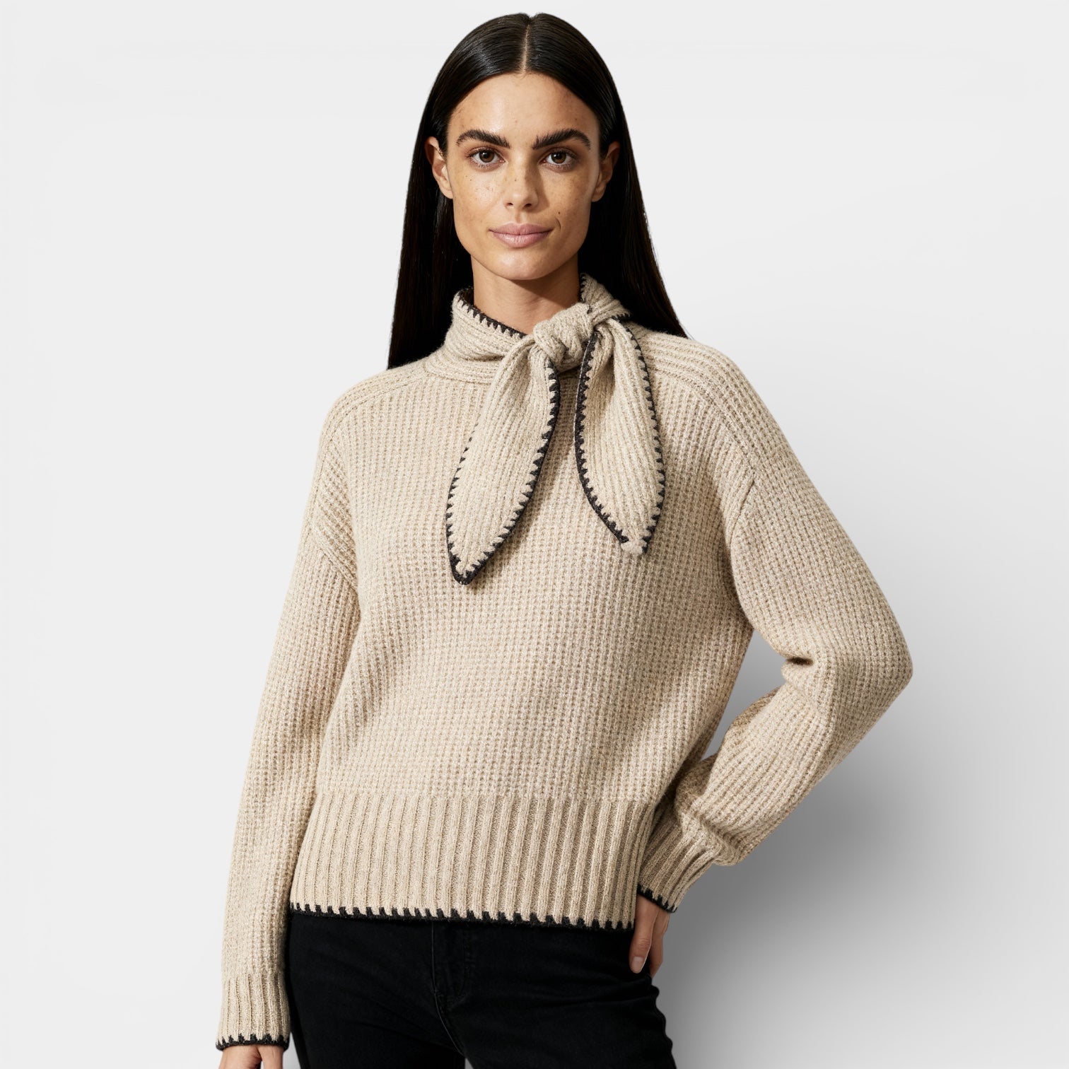 Ribbed Knit Sweater for Women with Tie-Neck Detail - Slim Fit Casual Top for Everyday Wear