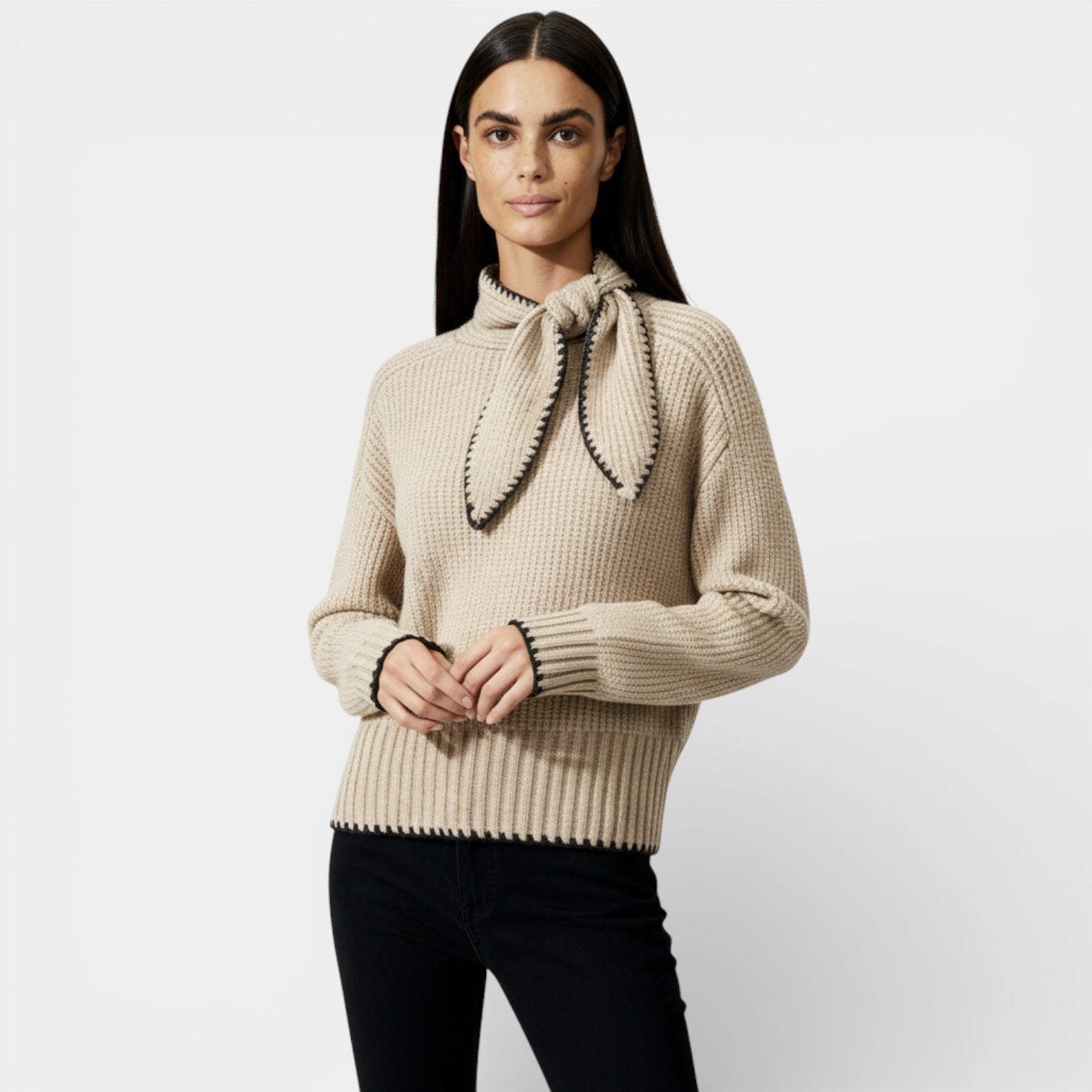 Ribbed Knit Sweater for Women with Tie-Neck Detail - Slim Fit Casual Top for Everyday Wear