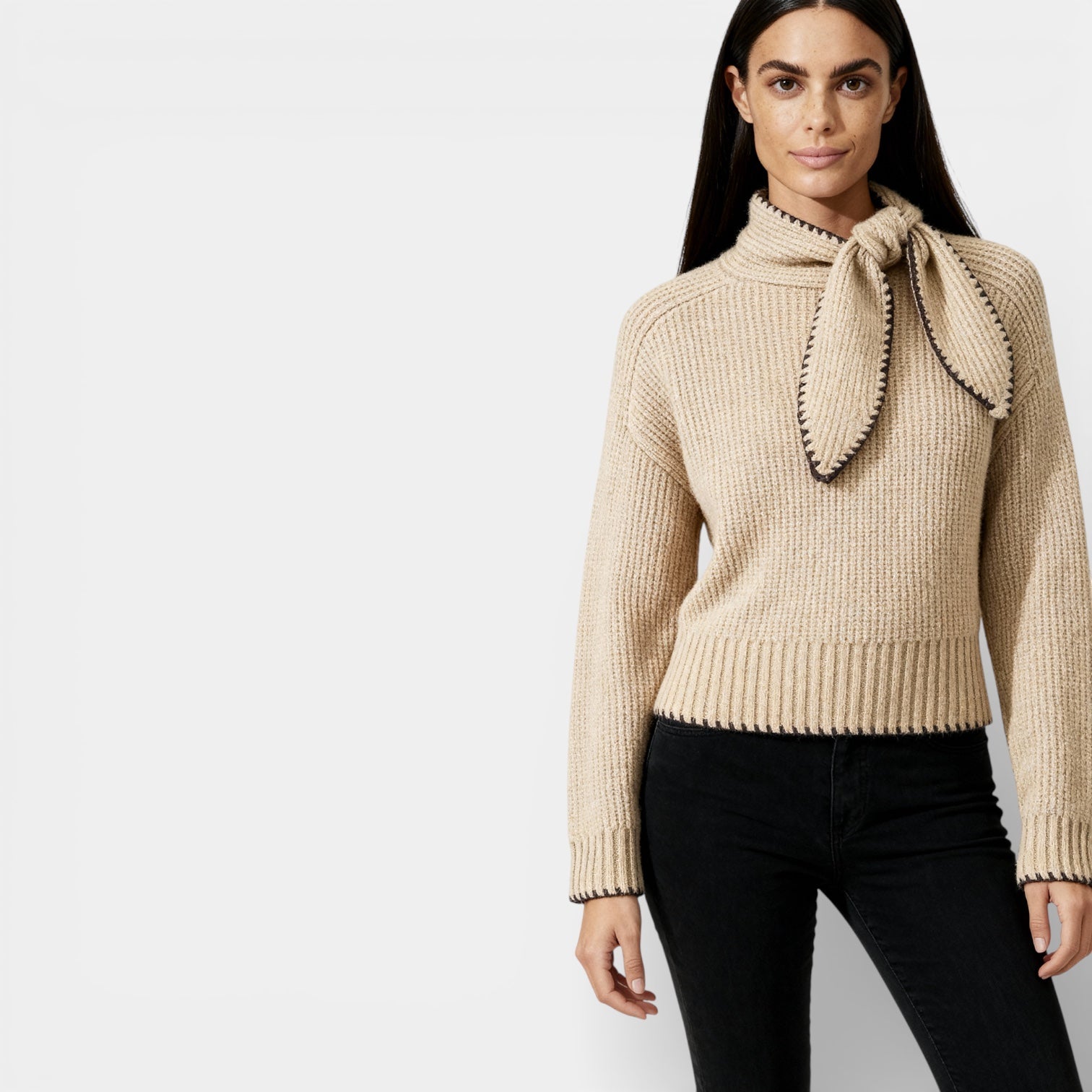 Ribbed Knit Sweater for Women with Tie-Neck Detail - Slim Fit Casual Top for Everyday Wear