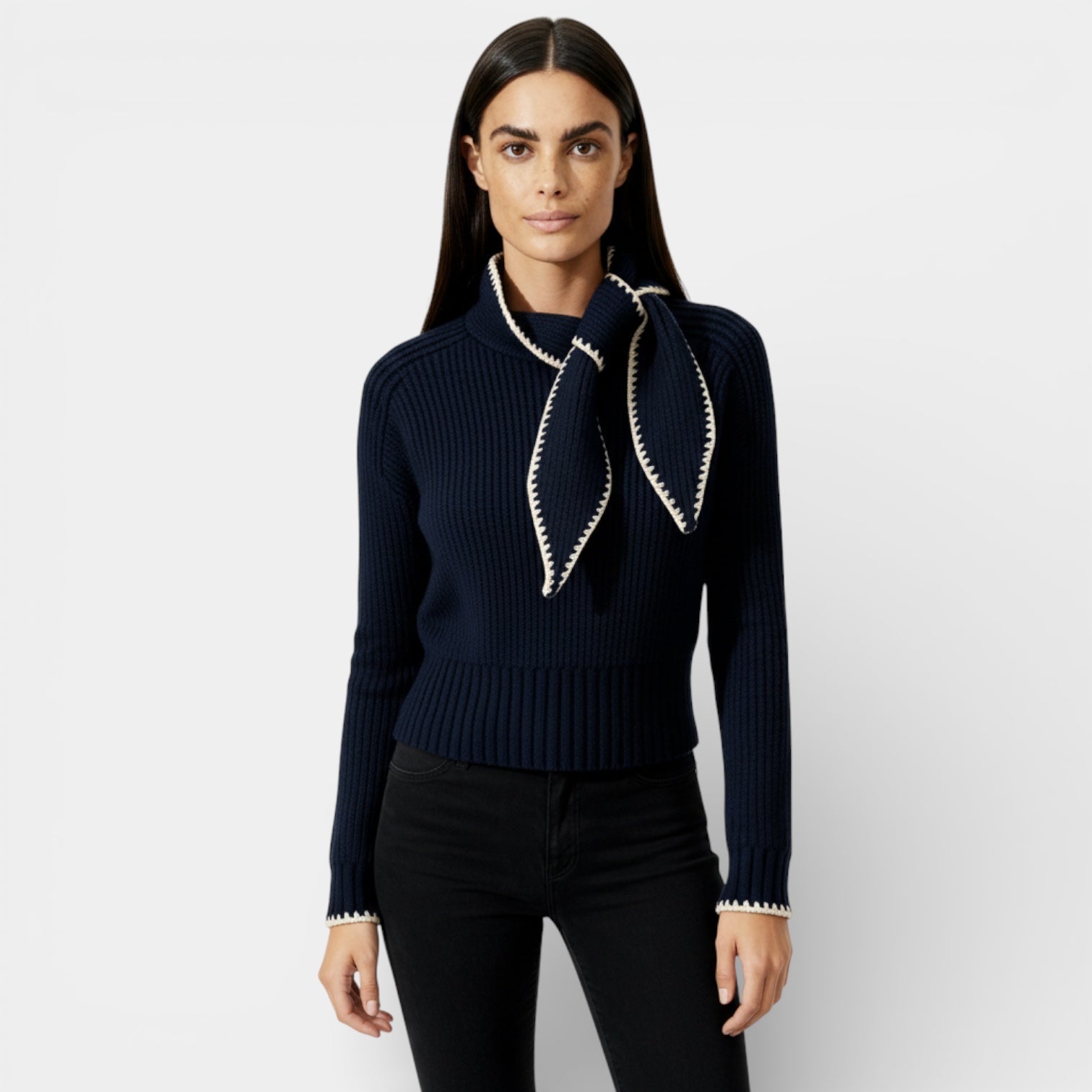 Ribbed Knit Sweater for Women with Tie-Neck Detail - Slim Fit Casual Top for Everyday Wear