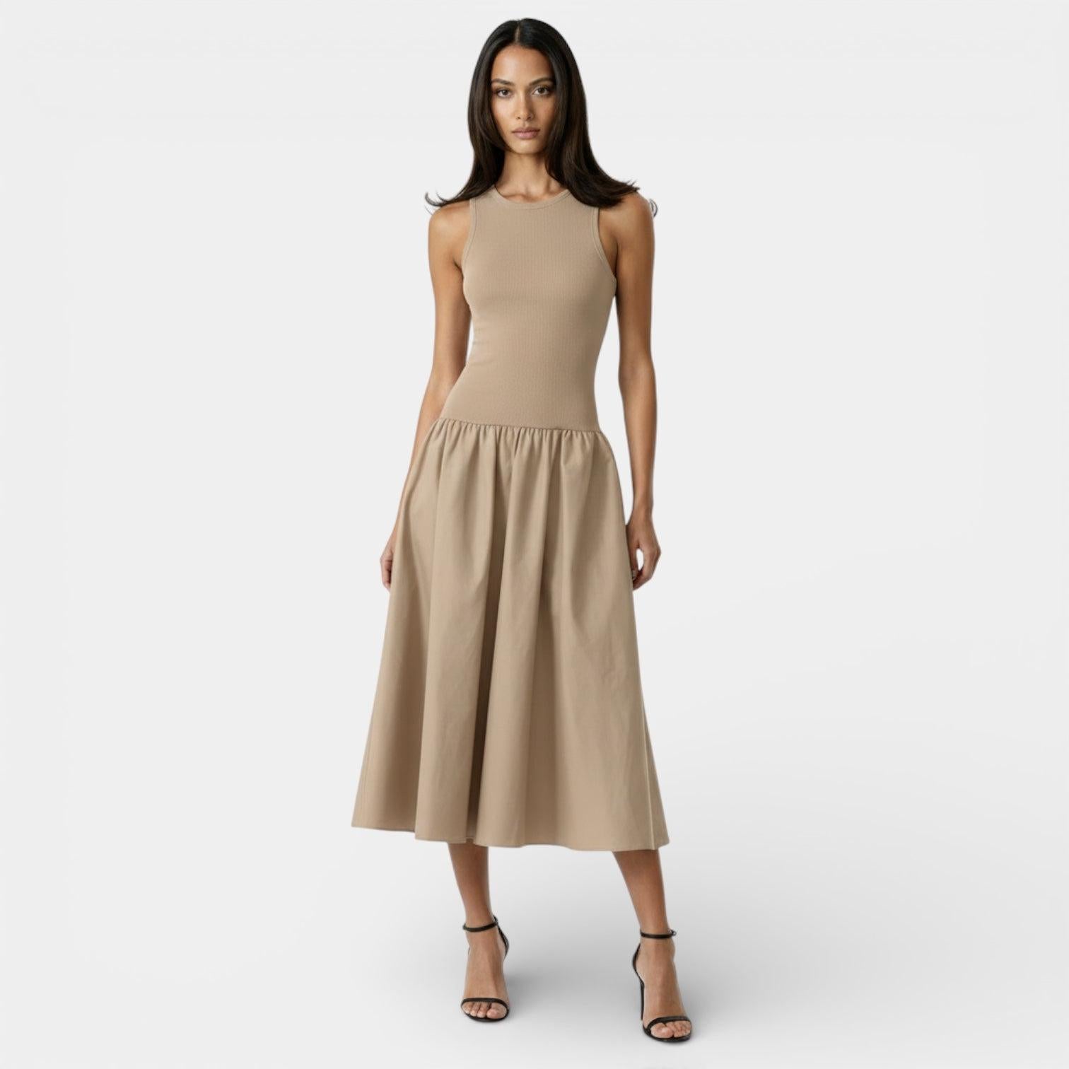 Ribbed Midi Dress for Women - Sleeveless Flare Design - Casual Summer Outfit - Comfortable Fit