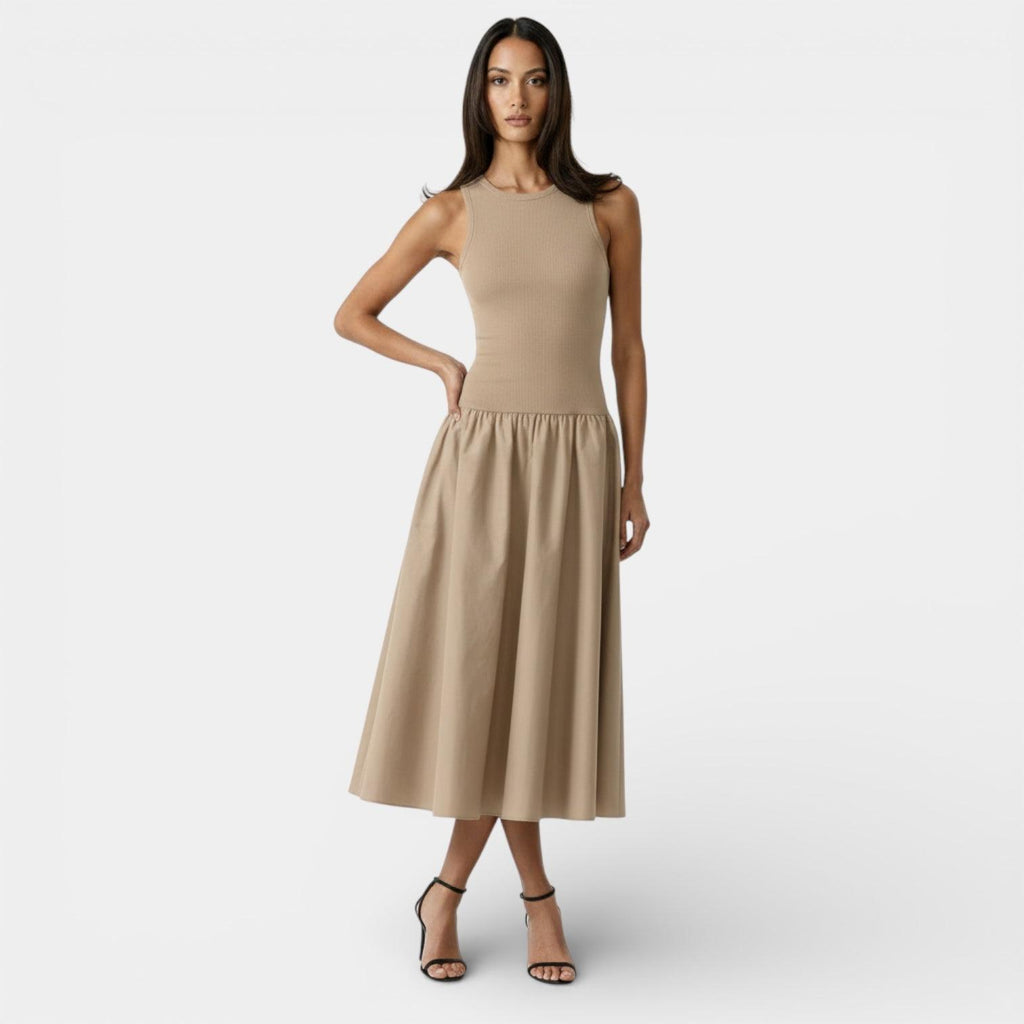 Ribbed Midi Dress for Women - Sleeveless Flare Design - Casual Summer Outfit - Comfortable Fit