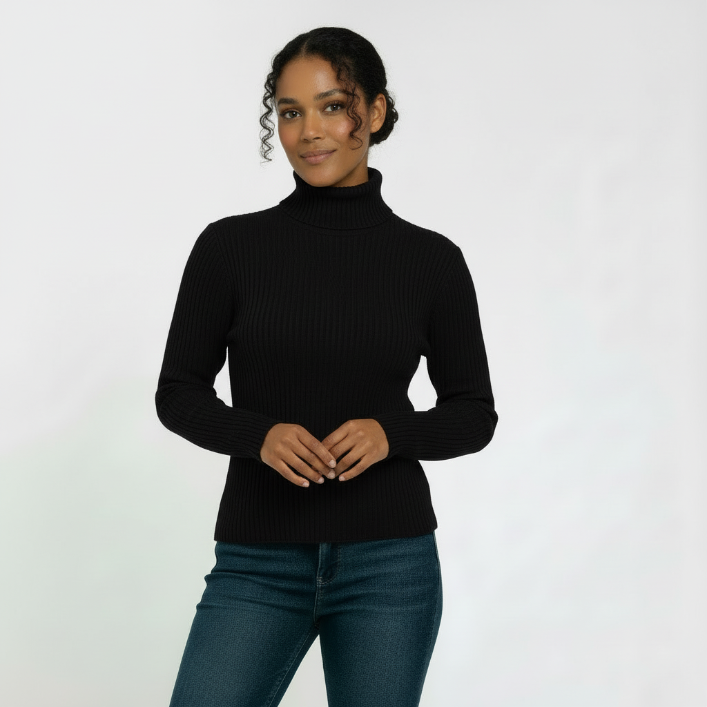 Ribbed Turtleneck Sweater for Women - Soft Stretch Fabric - Casual Knit Top for Everyday Wear - Available in Multiple Colors