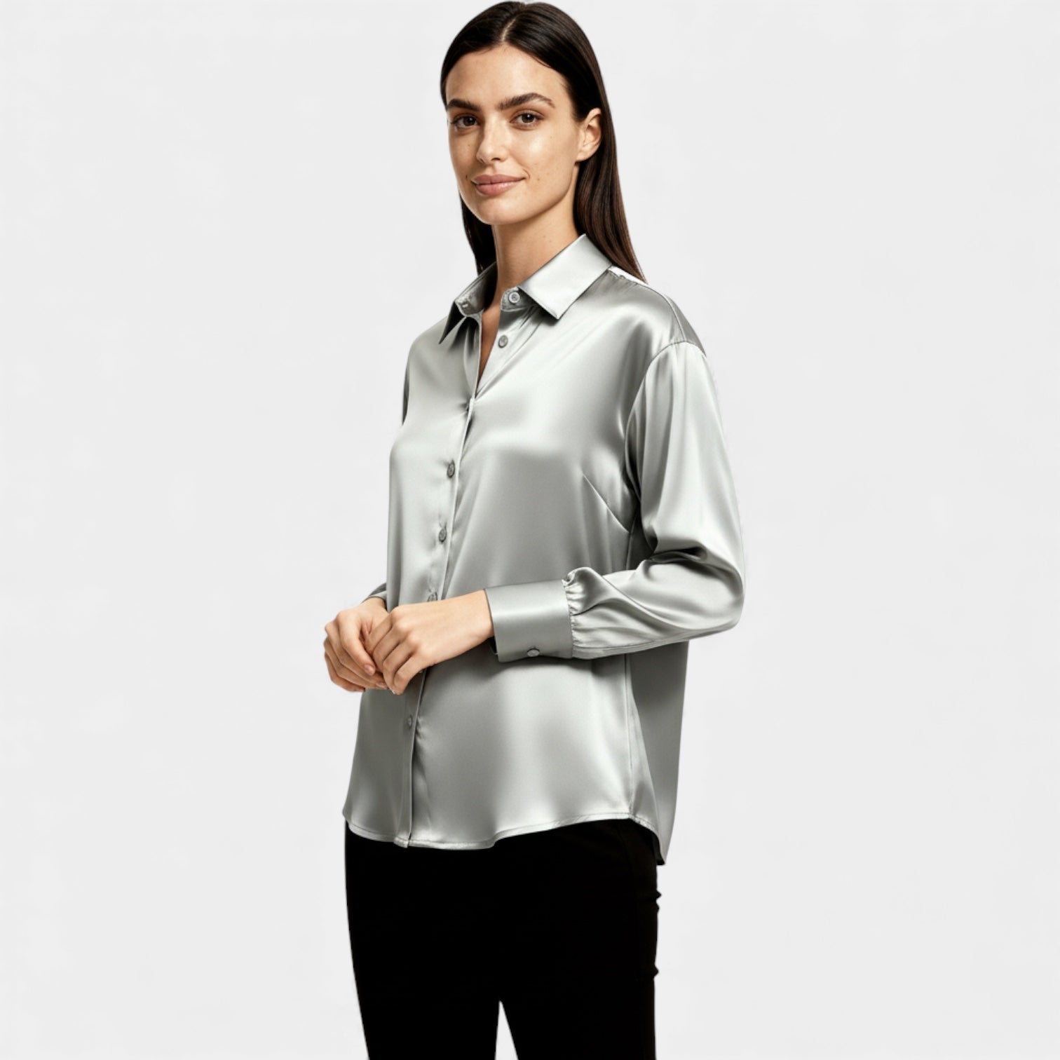 Satin Button-Up Blouse for Women - Long Sleeve Silk-Feel Shirt for Casual or Formal Wear