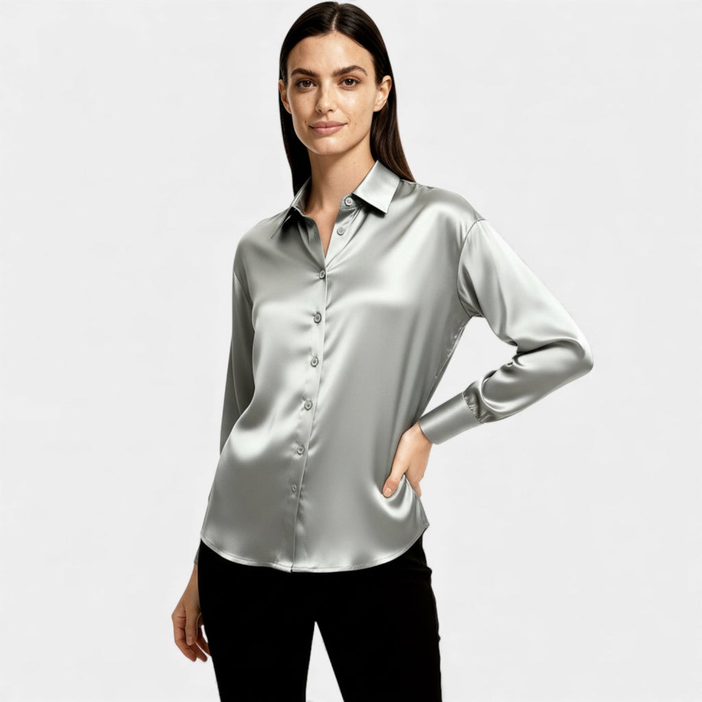 Satin Button-Up Blouse for Women - Long Sleeve Silk-Feel Shirt for Casual or Formal Wear