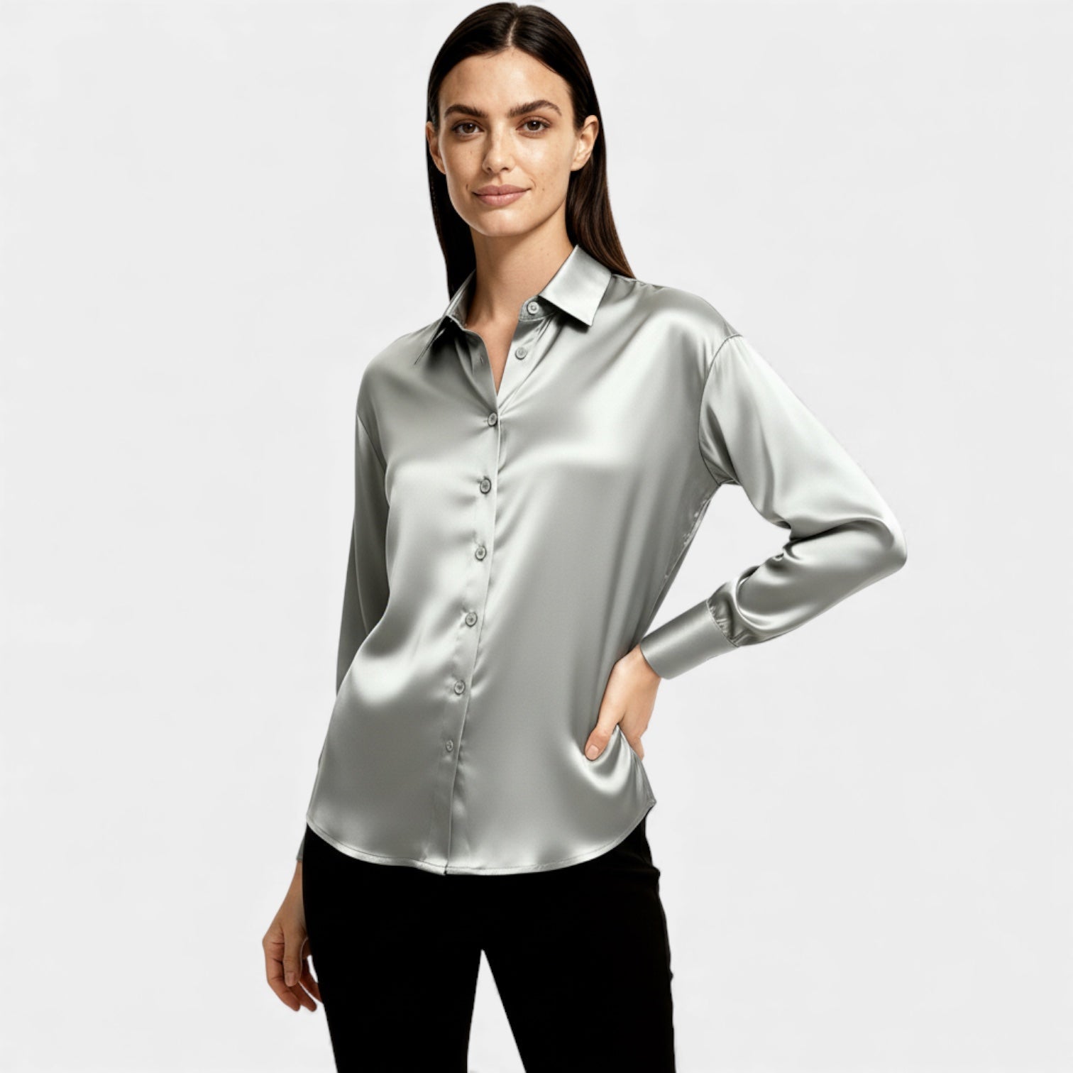 Satin Button-Up Blouse for Women - Long Sleeve Silk-Feel Shirt for Casual or Formal Wear
