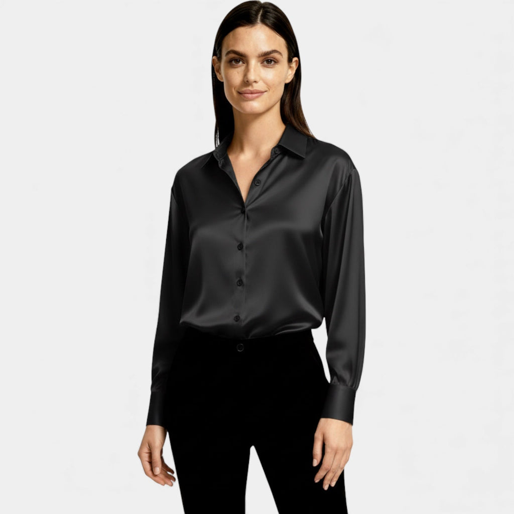 Satin Button-Up Blouse for Women - Long Sleeve Silk-Feel Shirt for Casual or Formal Wear