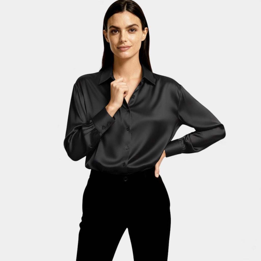 Satin Button-Up Blouse for Women - Long Sleeve Silk-Feel Shirt for Casual or Formal Wear