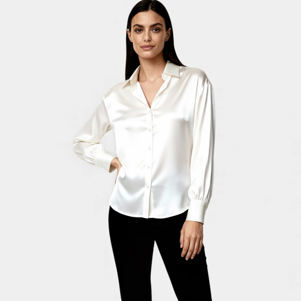 Satin Button-Up Blouse for Women - Long Sleeve Silk-Feel Shirt for Casual or Formal Wear