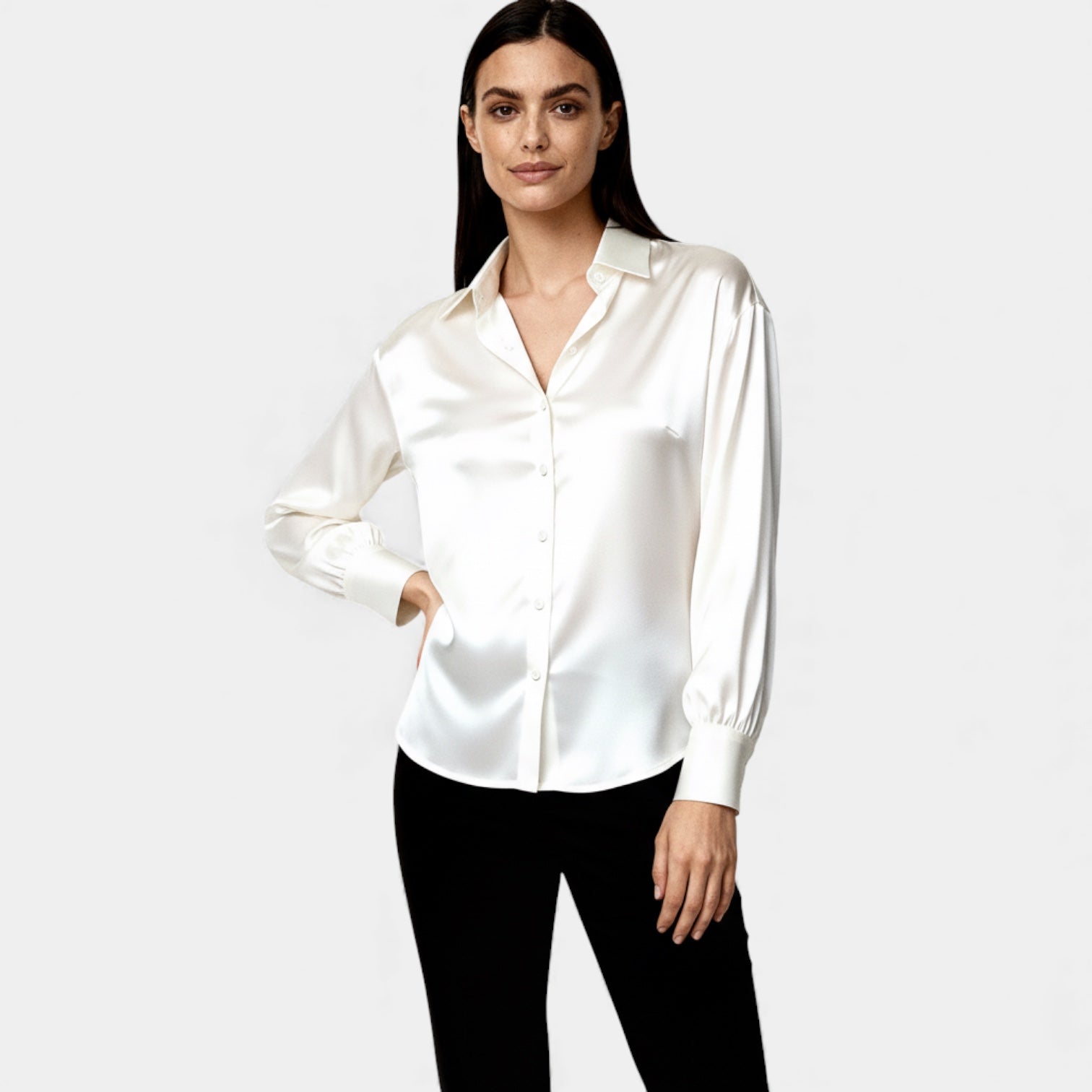 Satin Button-Up Blouse for Women - Long Sleeve Silk-Feel Shirt for Casual or Formal Wear
