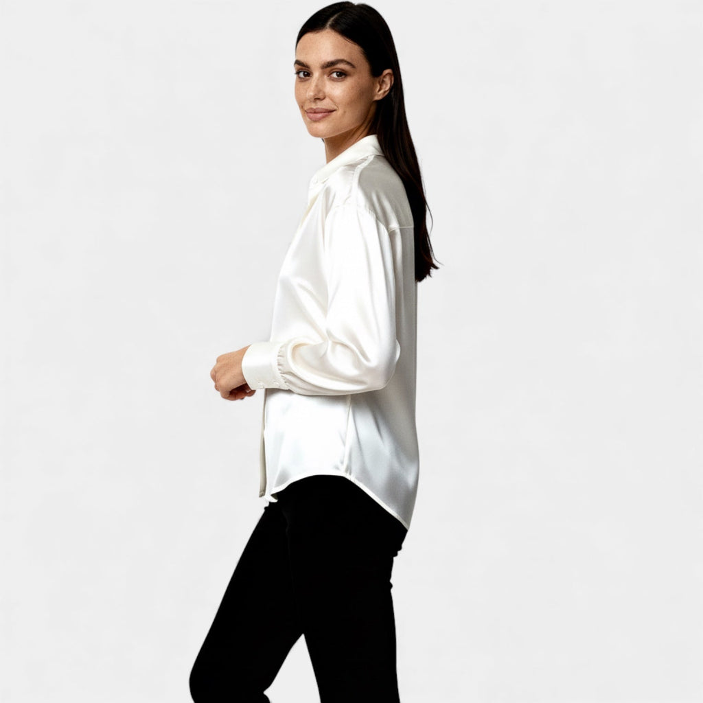 Satin Button-Up Blouse for Women - Long Sleeve Silk-Feel Shirt for Casual or Formal Wear