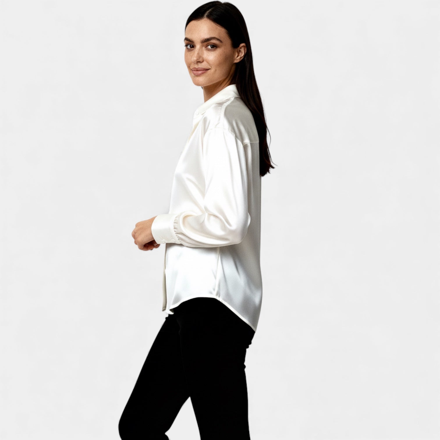 Satin Button-Up Blouse for Women - Long Sleeve Silk-Feel Shirt for Casual or Formal Wear