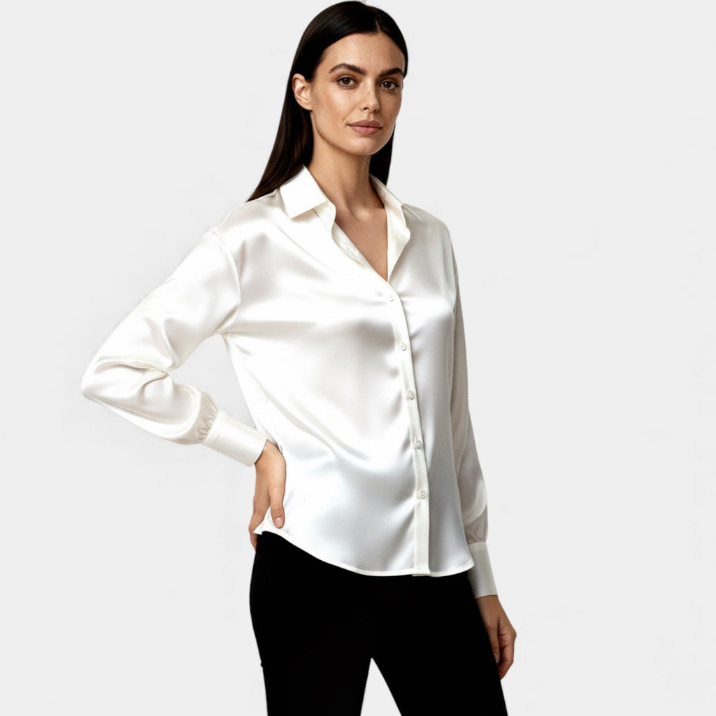 Satin Button-Up Blouse for Women - Long Sleeve Silk-Feel Shirt for Casual or Formal Wear