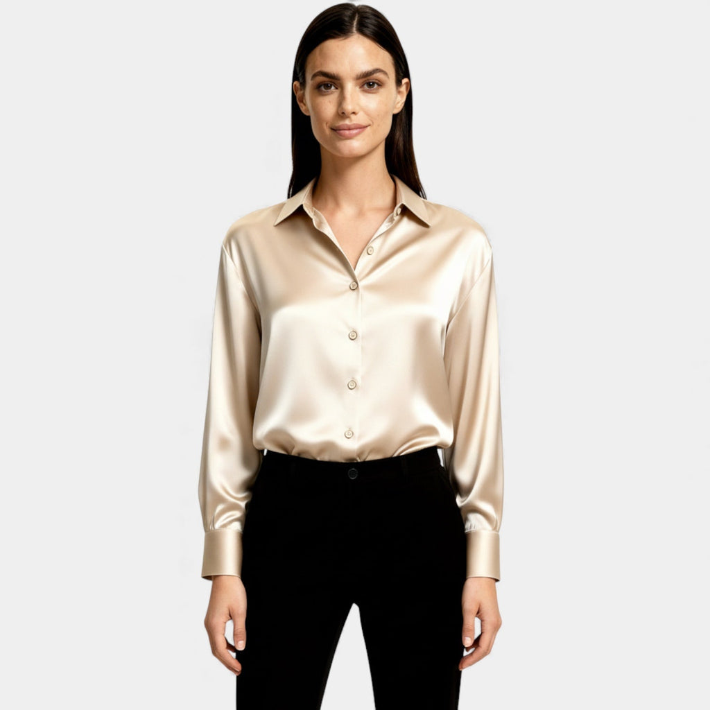 Satin Button-Up Blouse for Women - Long Sleeve Silk-Feel Shirt for Casual or Formal Wear