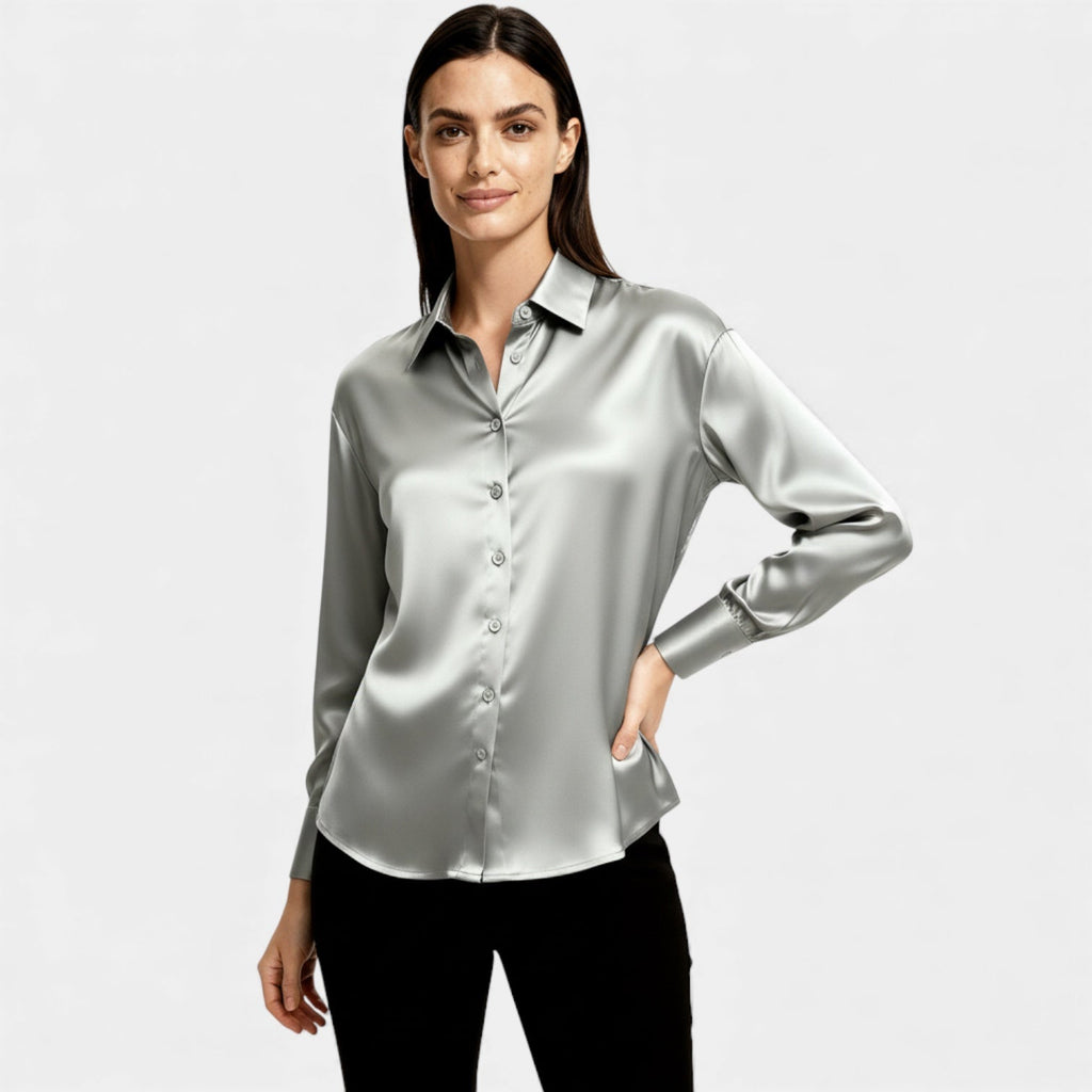 Satin Button-Up Blouse for Women - Long Sleeve Silk-Feel Shirt for Casual or Formal Wear