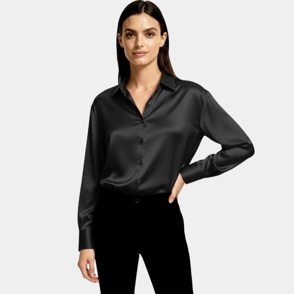 Satin Button-Up Blouse for Women - Long Sleeve Silk-Feel Shirt for Casual or Formal Wear