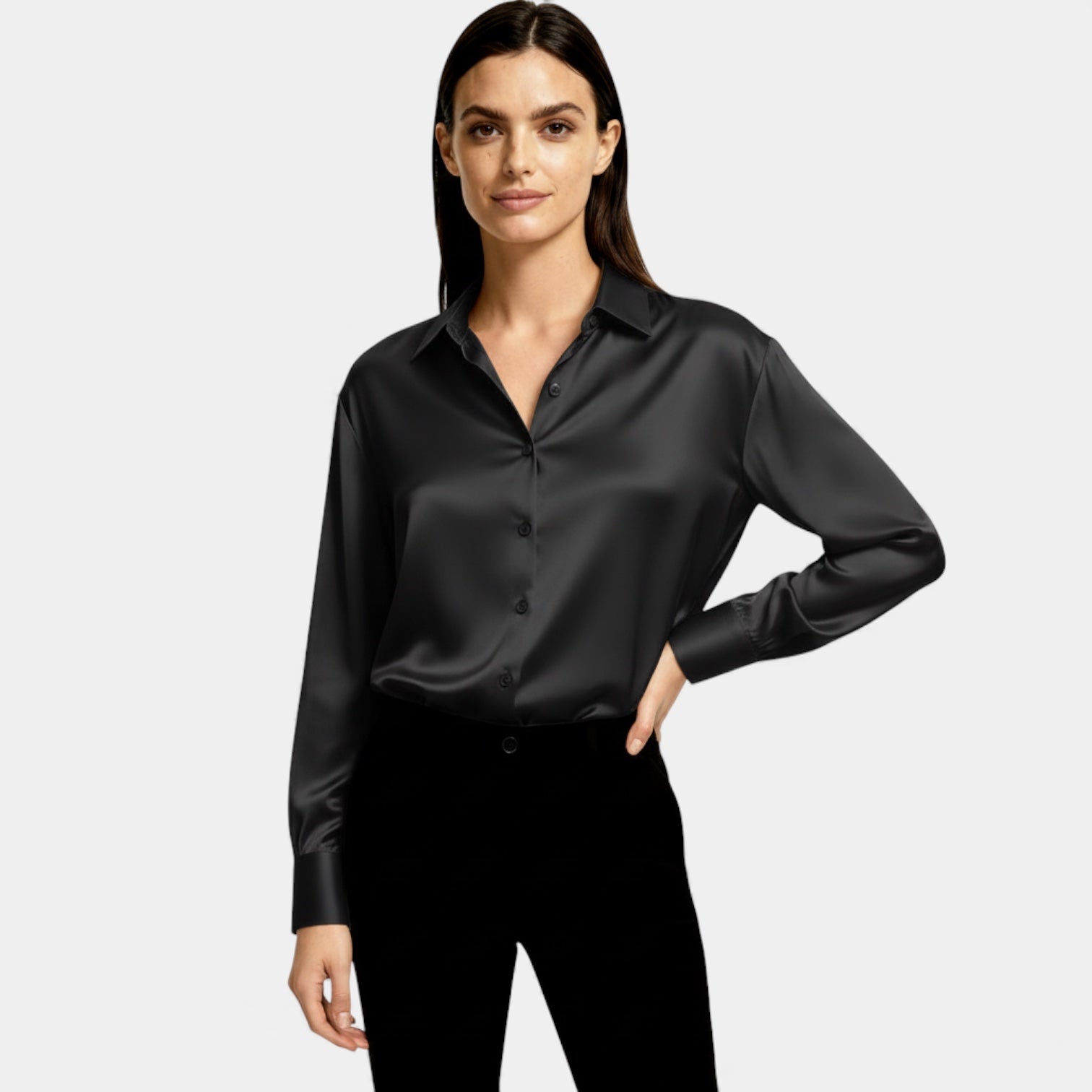 Satin Button-Up Blouse for Women - Long Sleeve Silk-Feel Shirt for Casual or Formal Wear