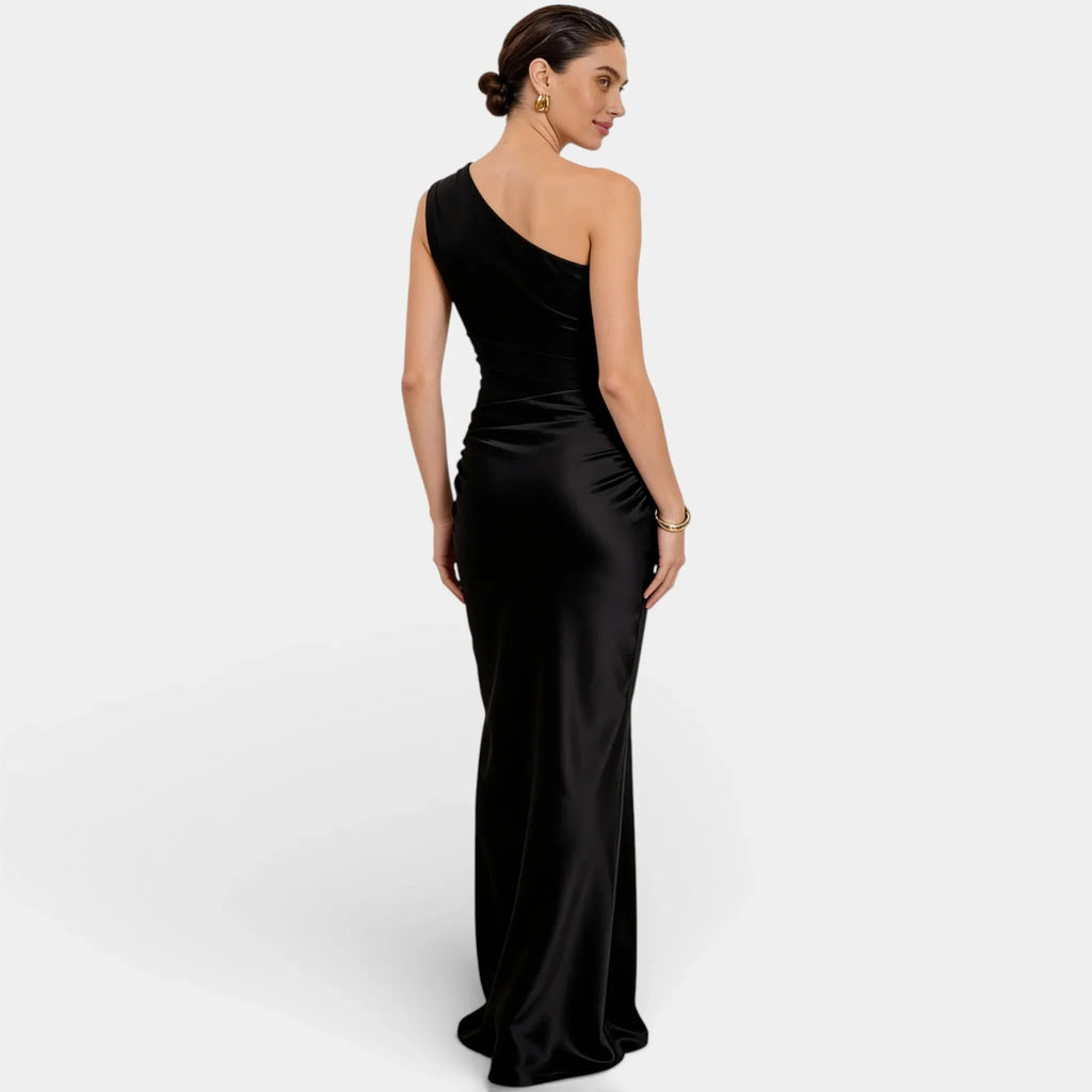 Satin One Shoulder Maxi Dress for Women – Ruched Bodycon Evening Wear