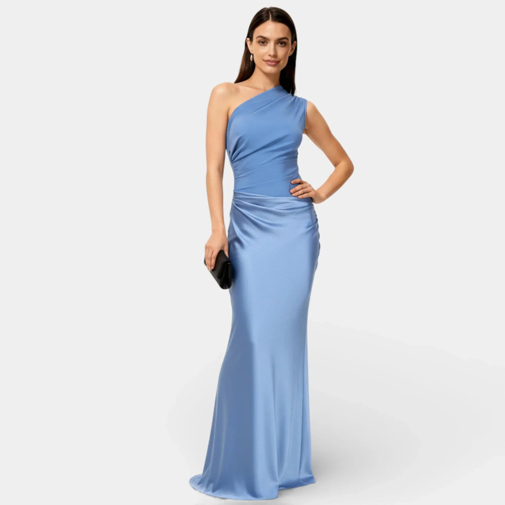 Satin One Shoulder Maxi Dress for Women – Ruched Bodycon Evening Wear