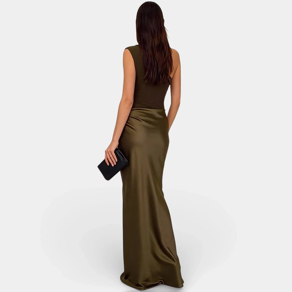 Satin One Shoulder Maxi Dress for Women – Ruched Bodycon Evening Wear