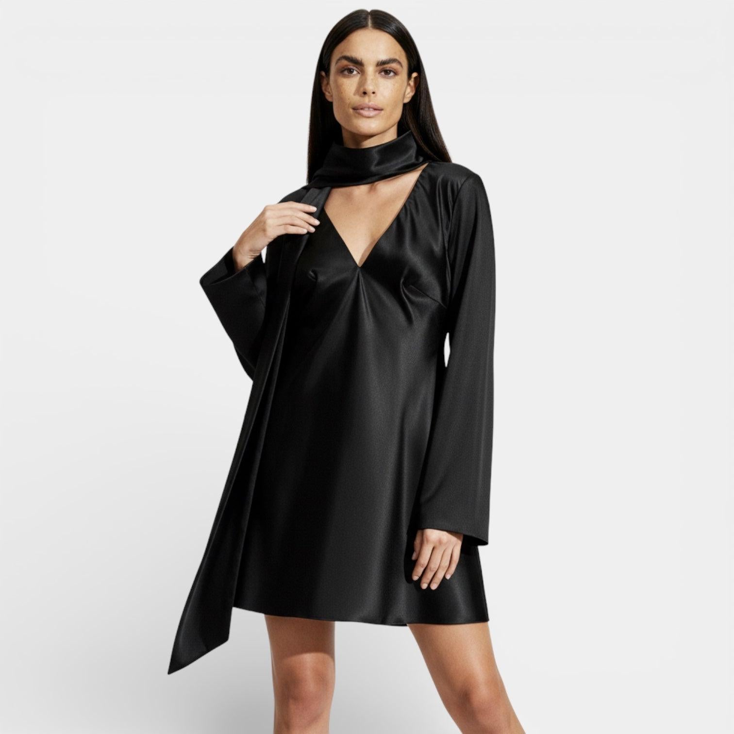 Satin Tie-Neck Mini Dress for Women - Elegant Evening Wear with Flattering Fit and Stylish Design