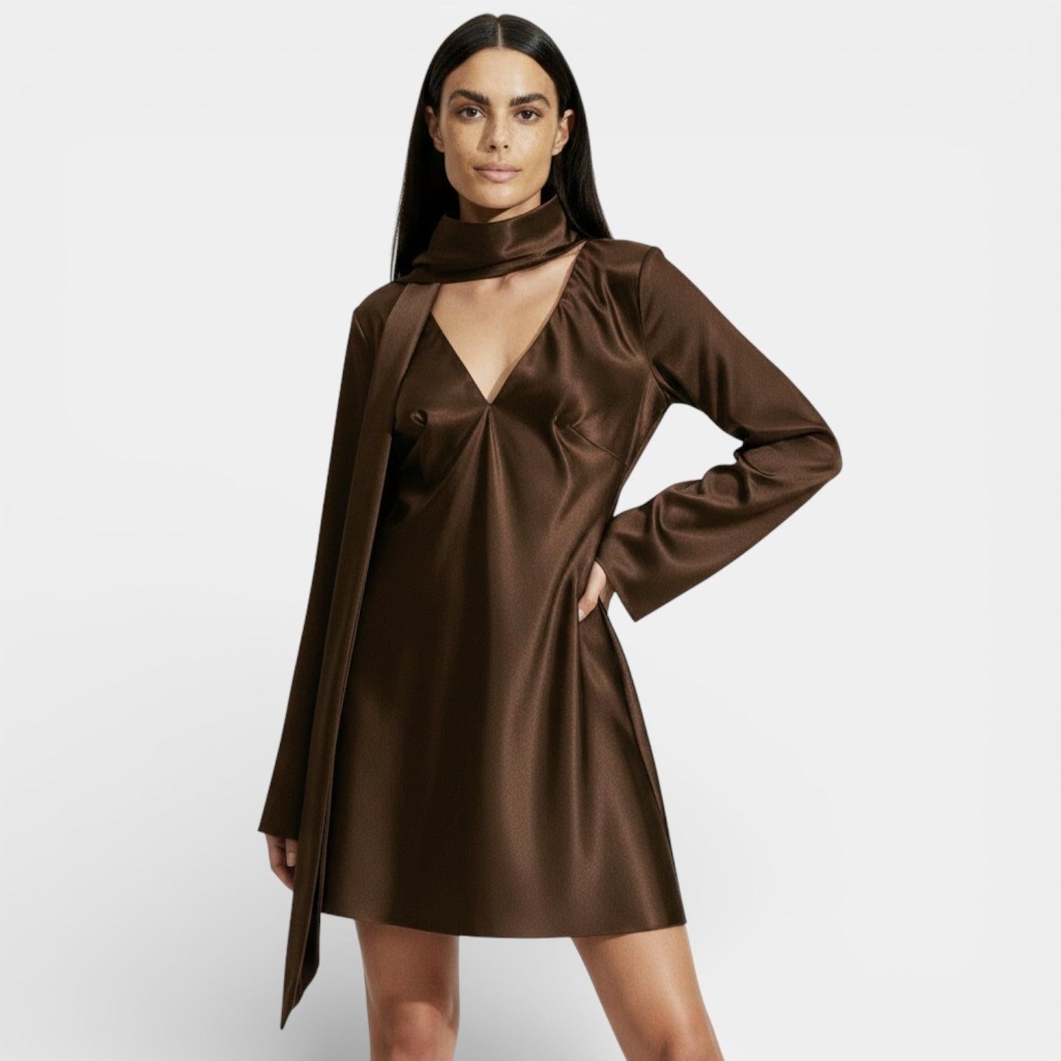 Satin Tie-Neck Mini Dress for Women - Elegant Evening Wear with Flattering Fit and Stylish Design