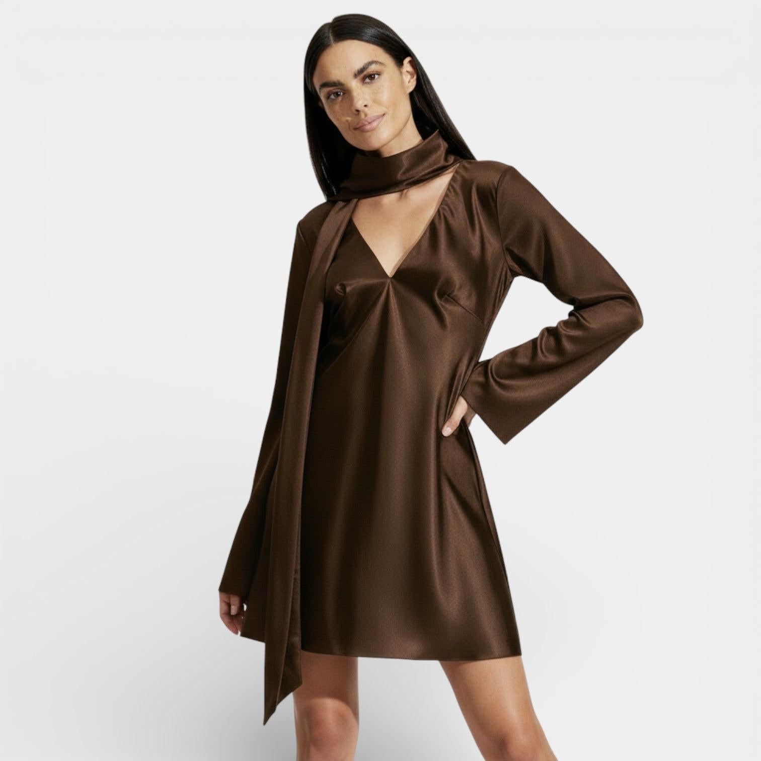 Satin Tie-Neck Mini Dress for Women - Elegant Evening Wear with Flattering Fit and Stylish Design