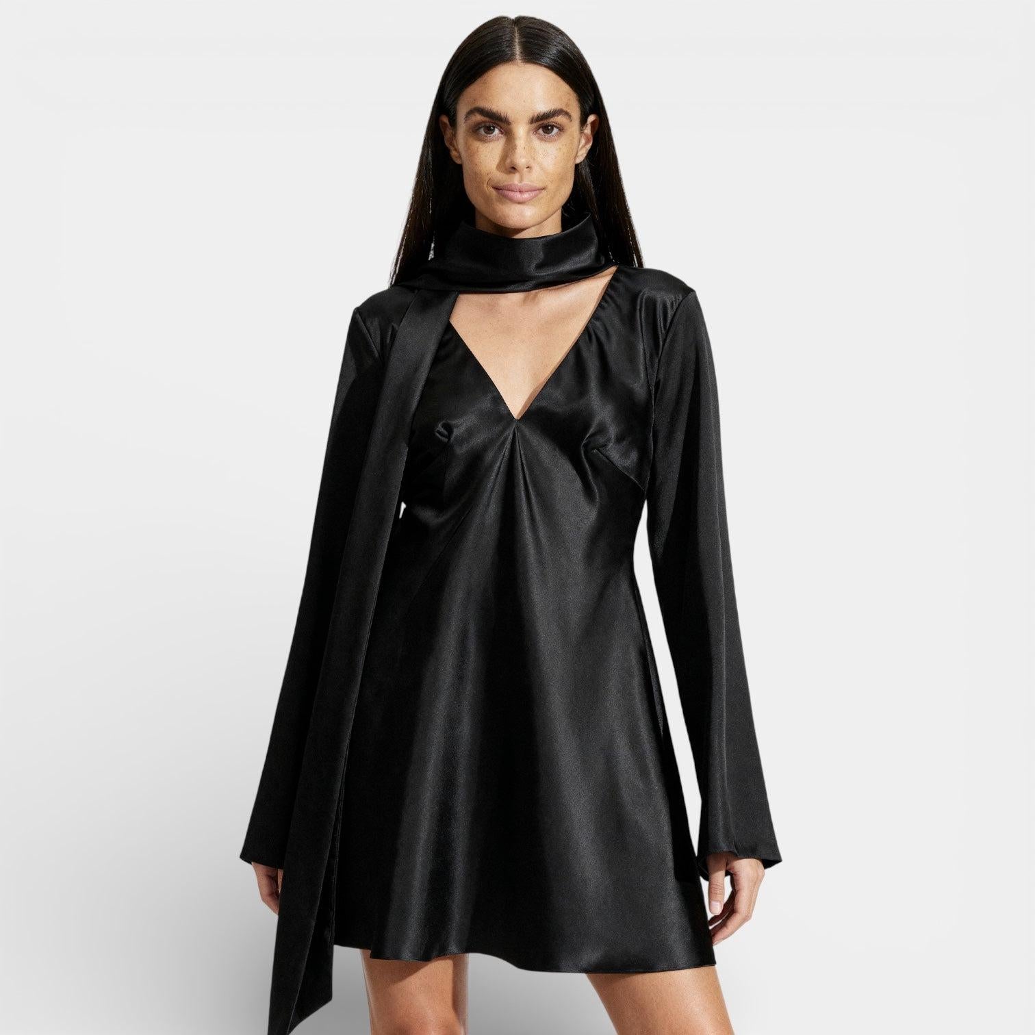 Satin Tie-Neck Mini Dress for Women - Elegant Evening Wear with Flattering Fit and Stylish Design