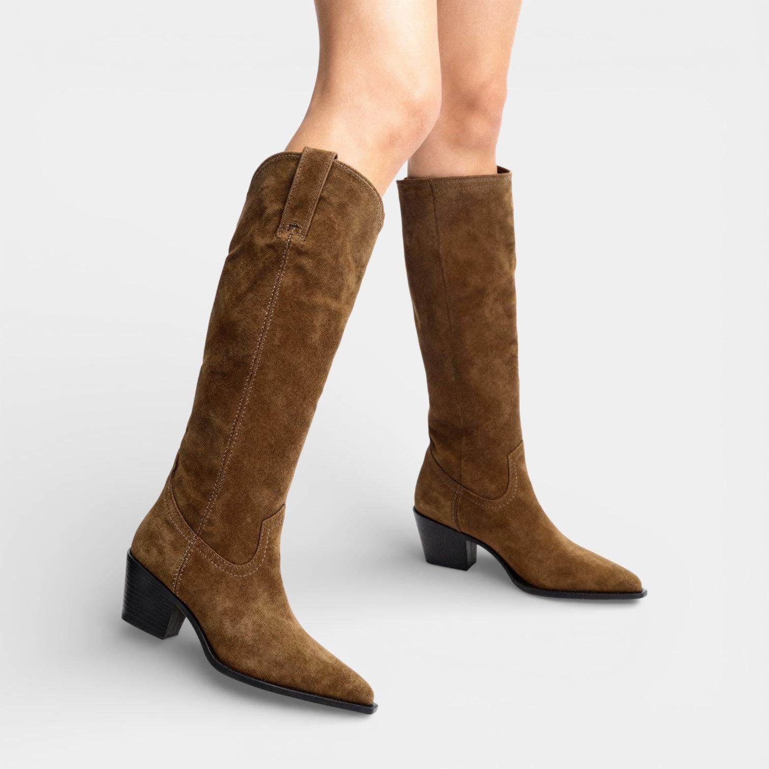 Suede Leather Knee-High Boots for Women – Classic Western Style Footwear for Everyday Wear