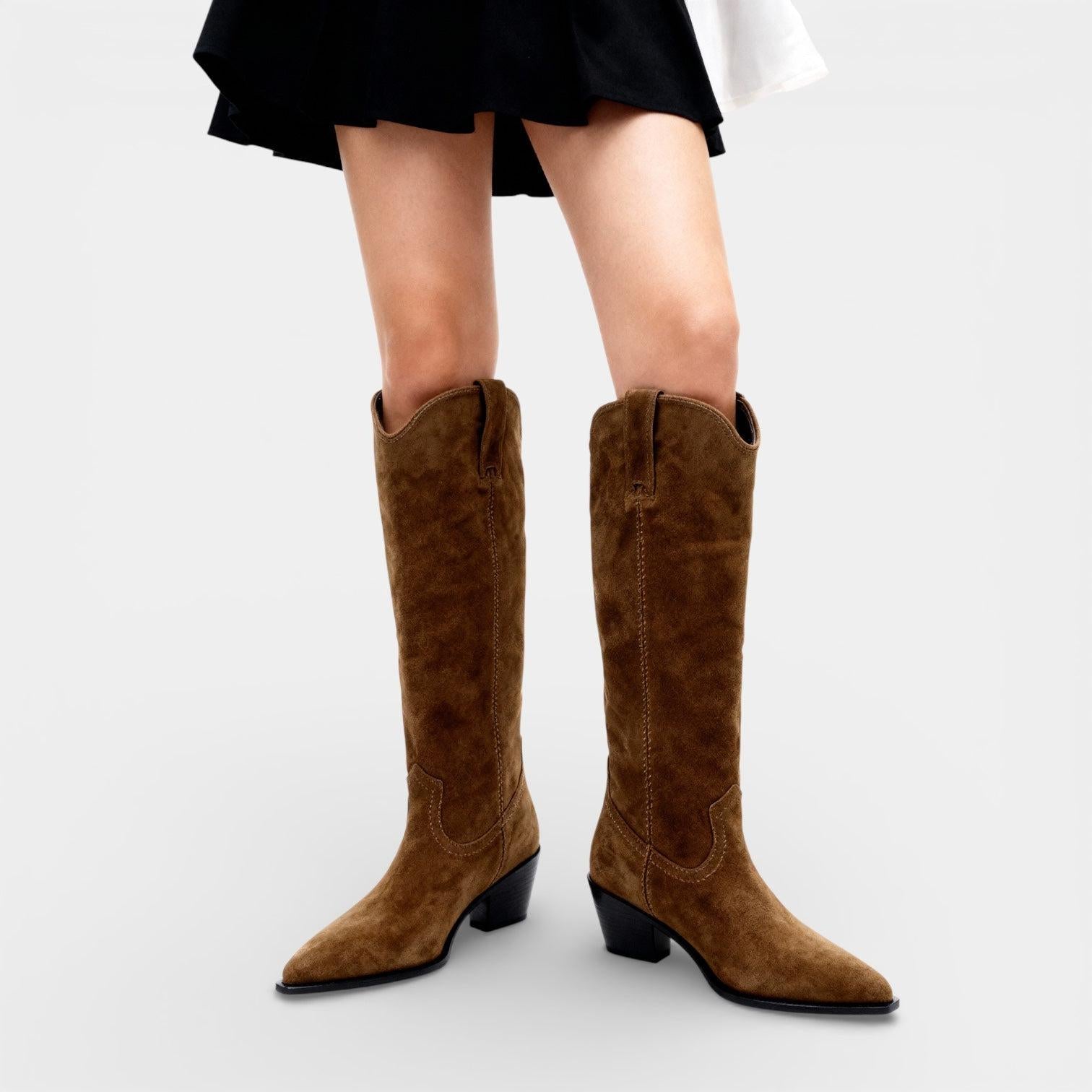 Suede Leather Knee-High Boots for Women – Classic Western Style Footwear for Everyday Wear