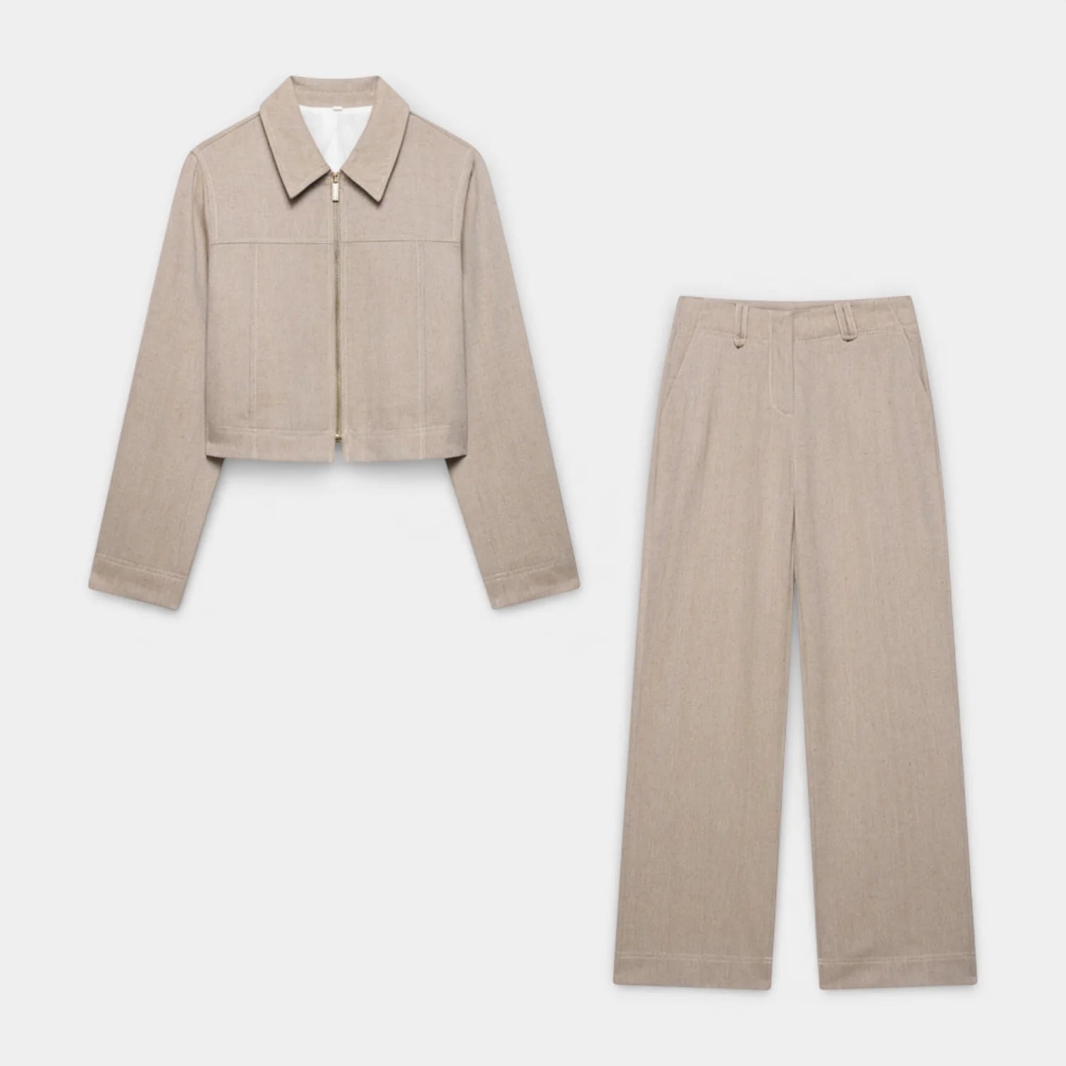 Textured Cropped Zip-Up Jacket and Straight-Leg Pants Set for Women – Casual Outfit for Everyday Wear