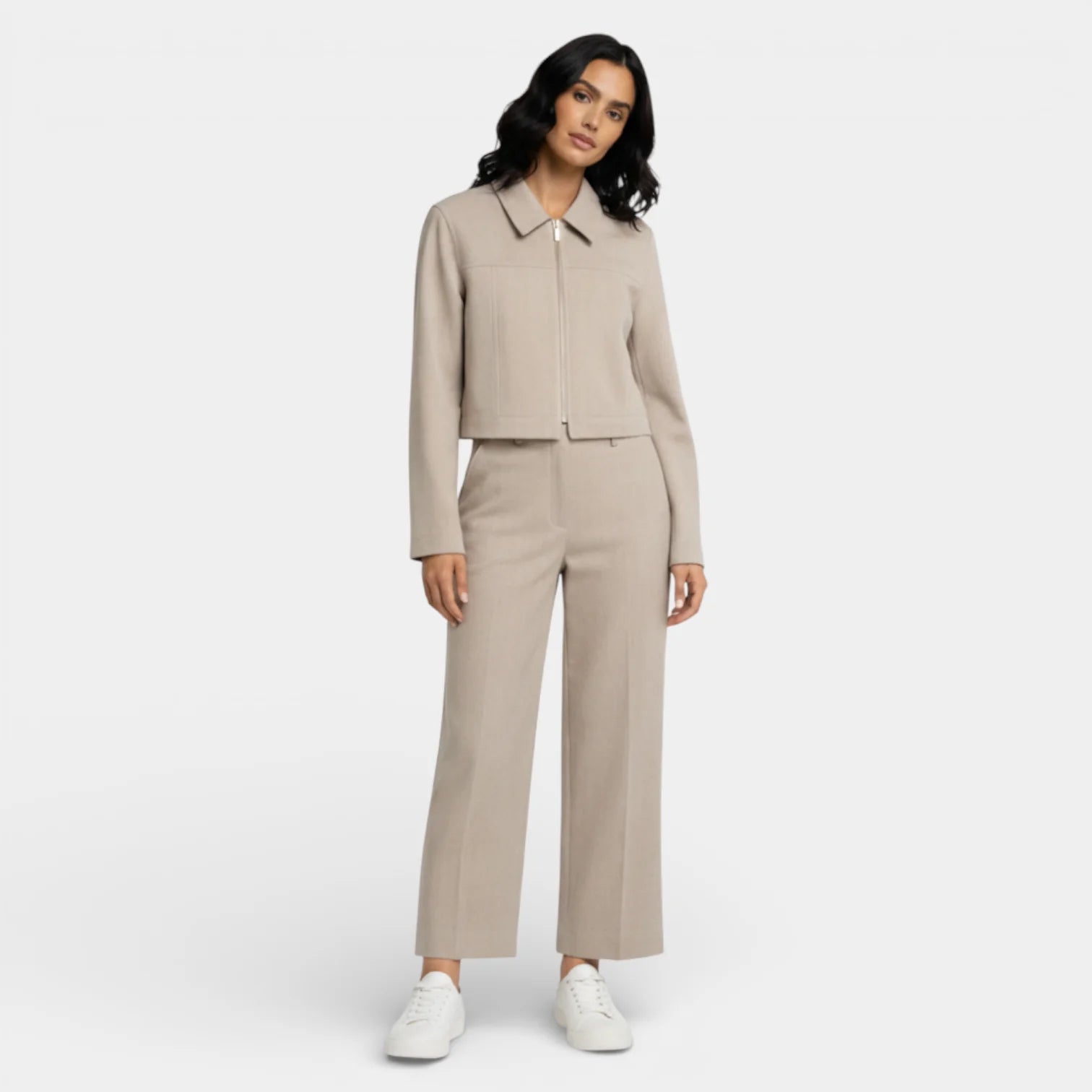 Textured Cropped Zip-Up Jacket and Straight-Leg Pants Set for Women – Casual Outfit for Everyday Wear