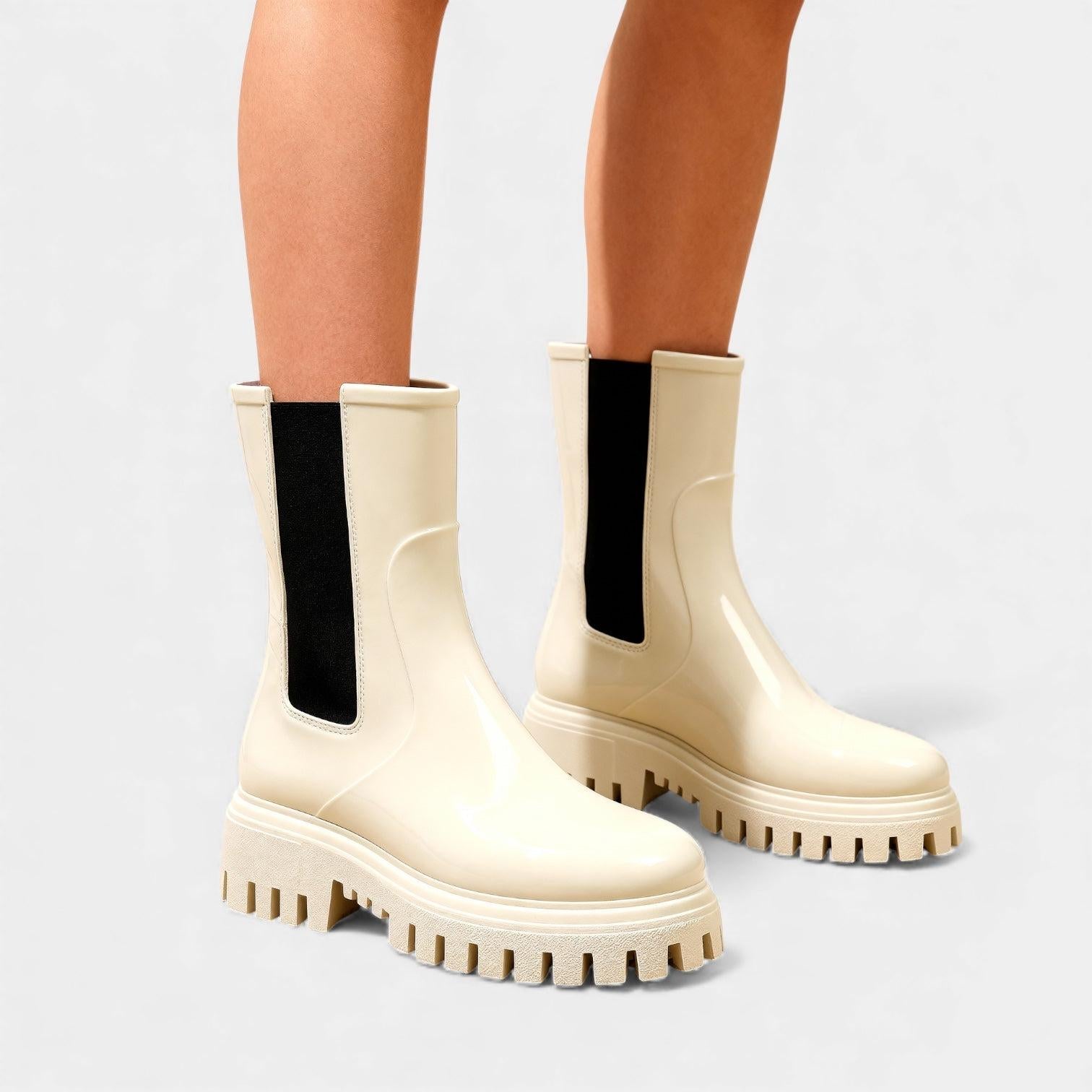 Waterproof Chelsea Rain Boots for Women - Glossy Ankle Wellies for Outdoor Use, Stylish and Durable Design