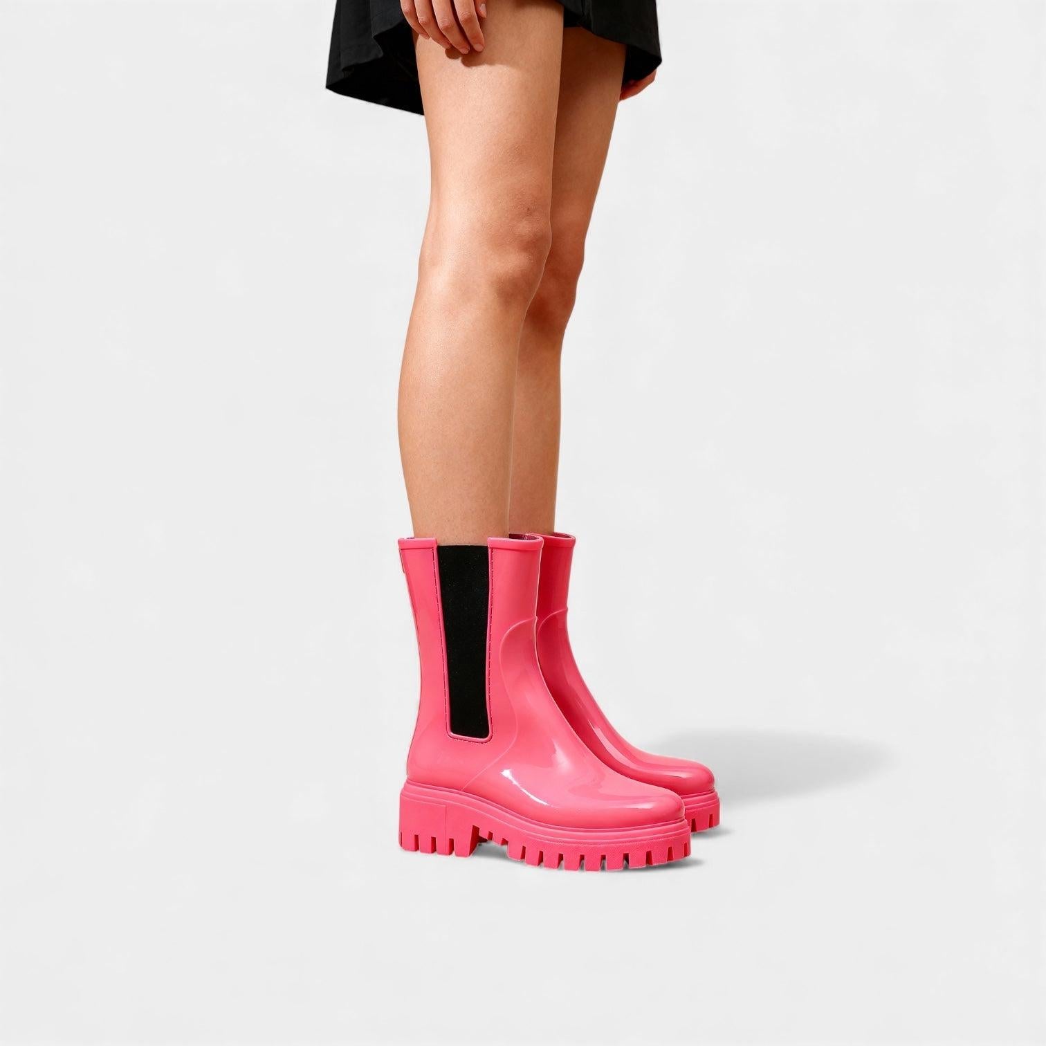 Waterproof Chelsea Rain Boots for Women - Glossy Ankle Wellies for Outdoor Use, Stylish and Durable Design