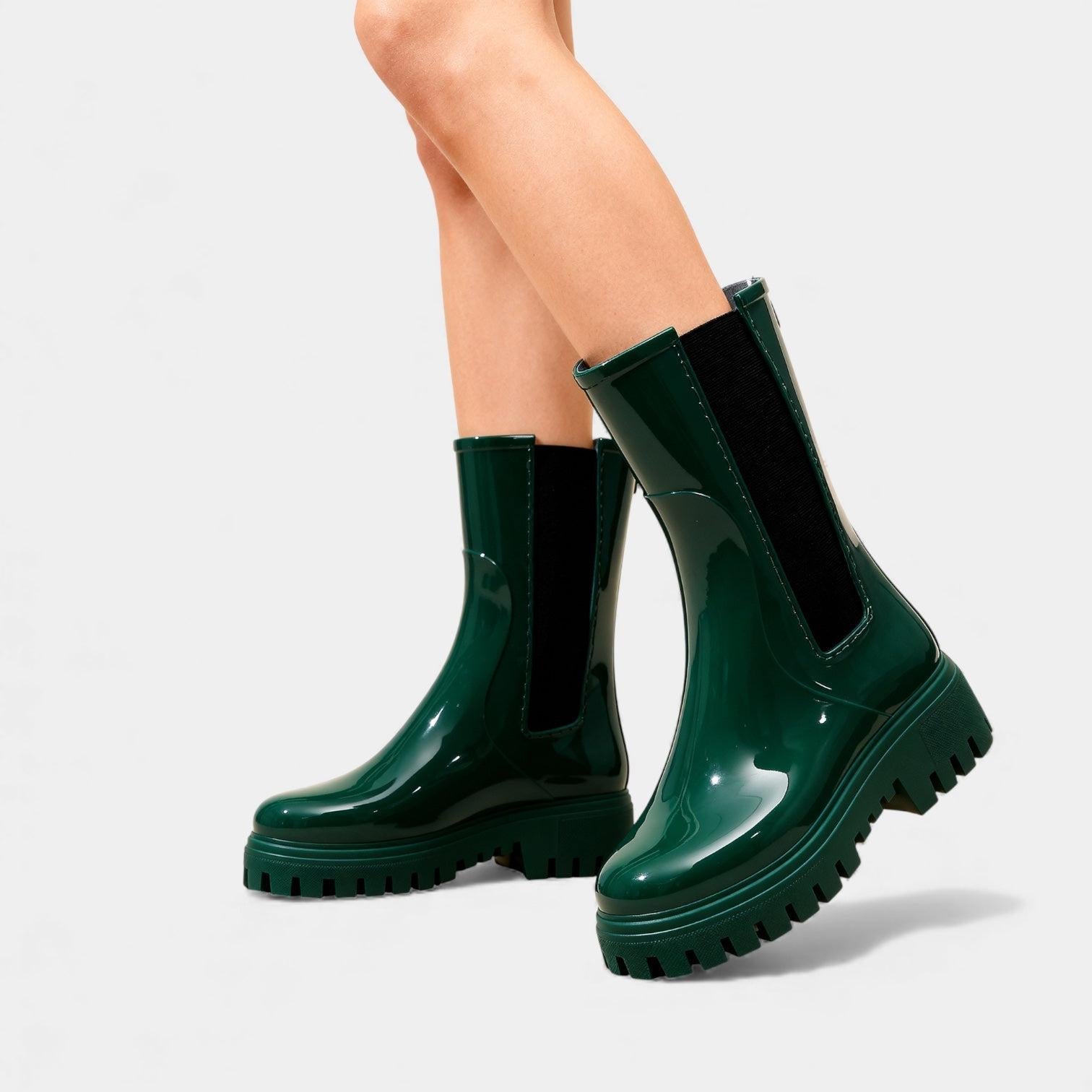 Waterproof Chelsea Rain Boots for Women - Glossy Ankle Wellies for Outdoor Use, Stylish and Durable Design